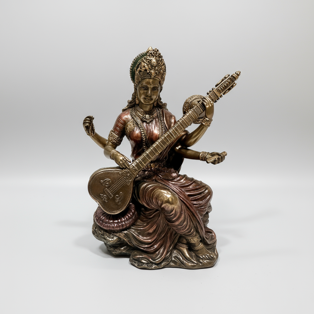 Saraswati "Hindu Goddess Of Knowledge" In Cold Cast Bronze From Tamrapatra