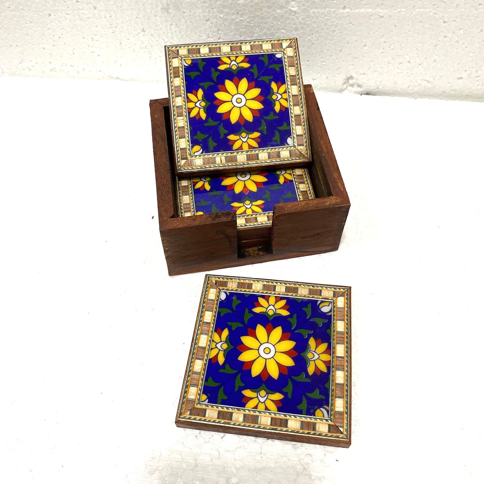 Blue Pottery Tile Fitted Tea Coaster Made With Wood Tableware Tamrapatra