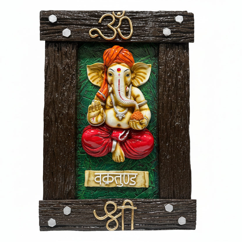 Decorative wall art with a figure of Ganesha in a wooden frame.