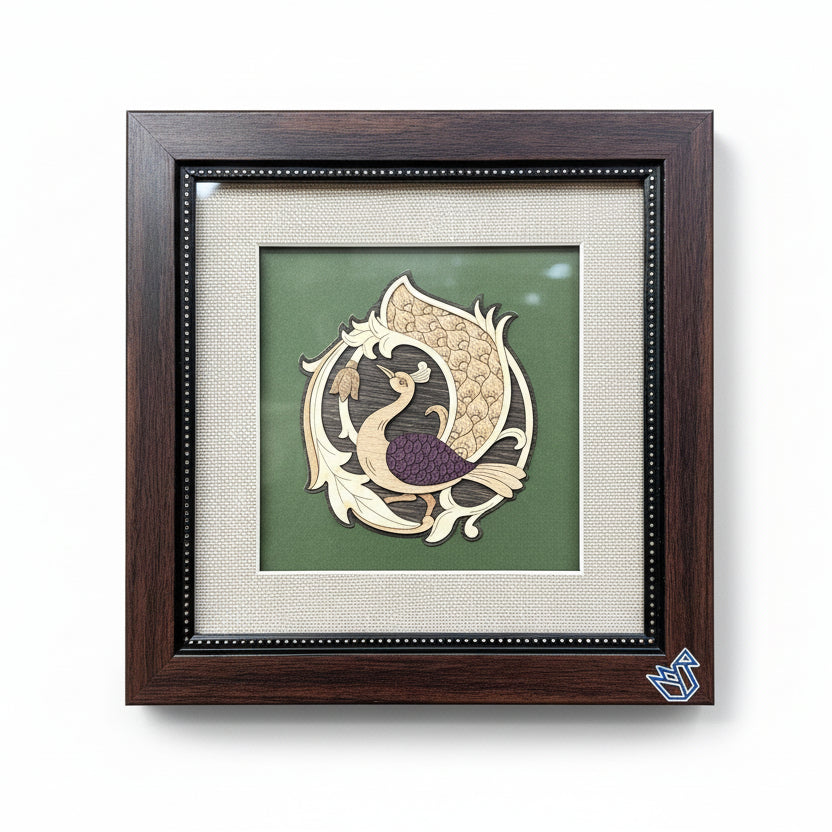 Framed artwork of a peacock on a textured red background