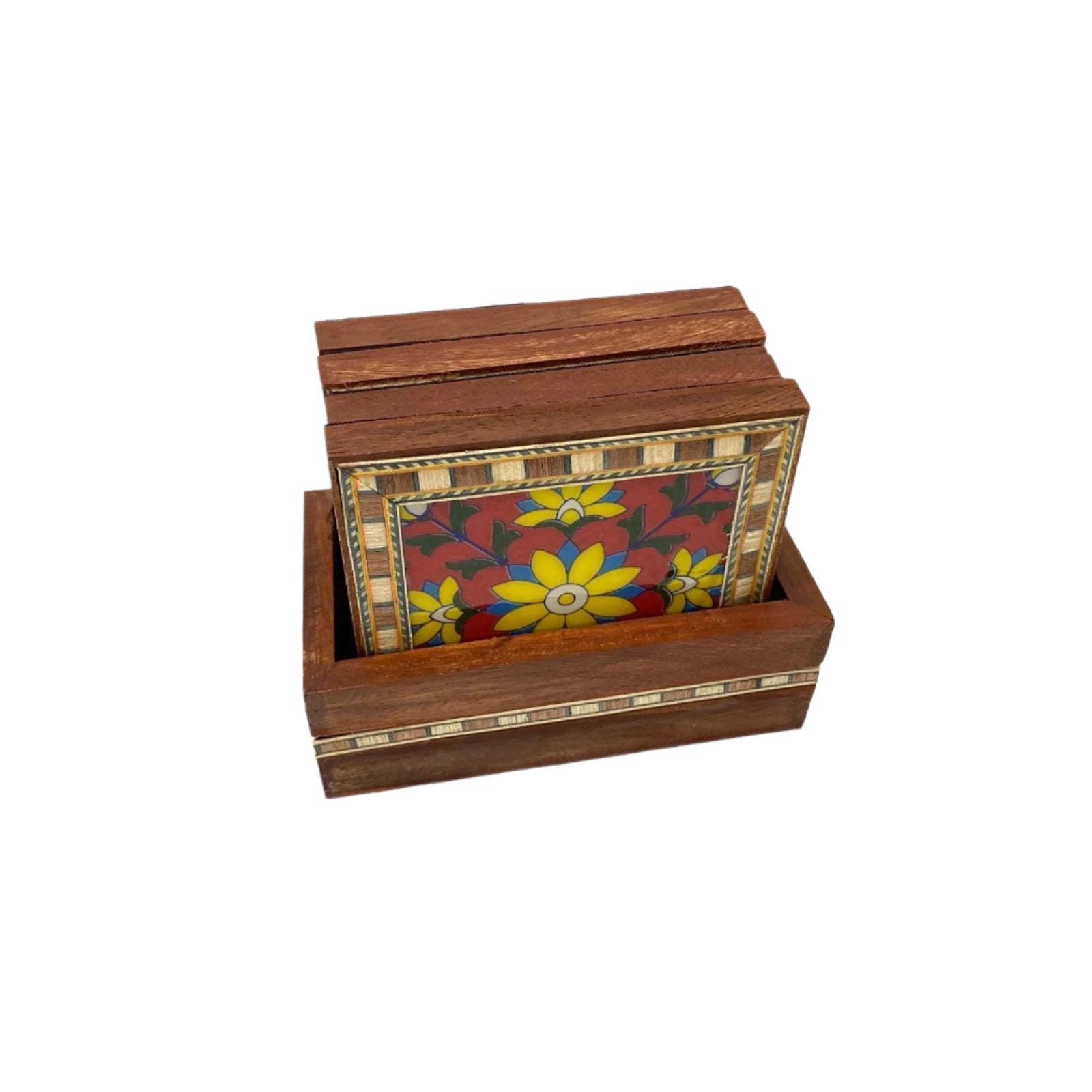 Wooden box with a colorful floral design on a white background