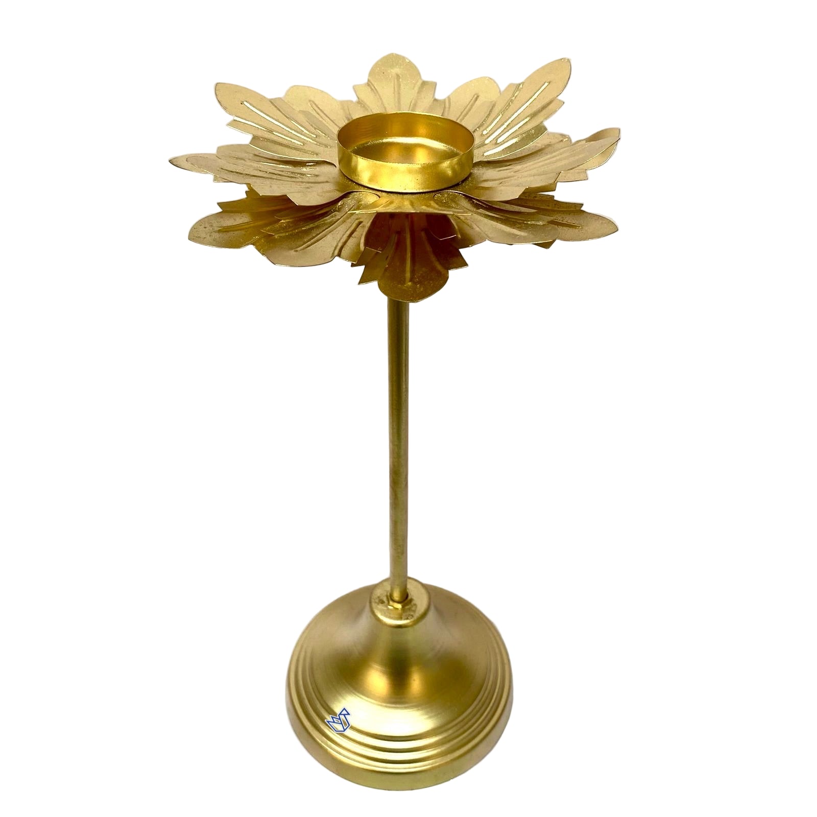 Gold candle holder with leaf-like design on a white background