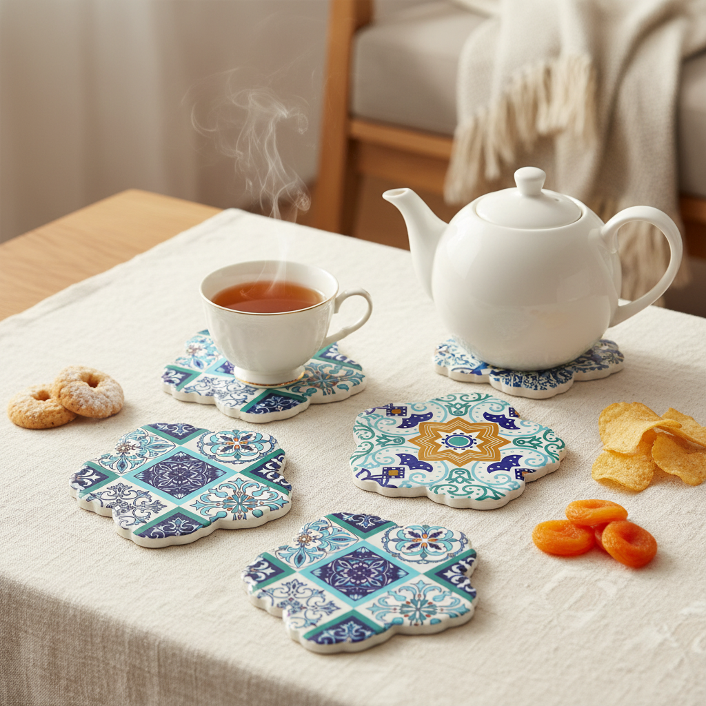 India Floral Design Tea Coaster Made With Ceramic & Cork Back Set Of 4 Tamrapatra