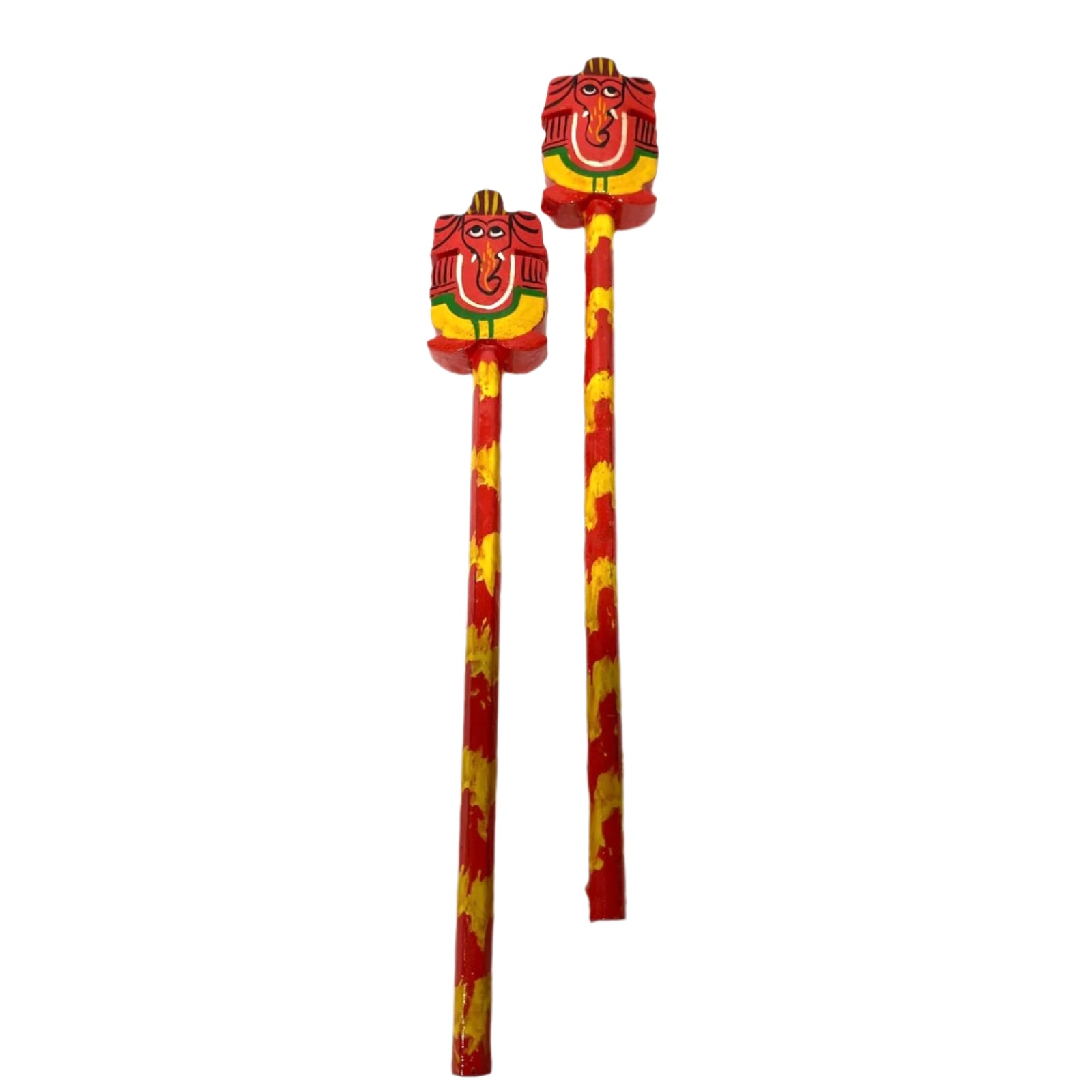Two red and yellow pens with decorative tops on a white background