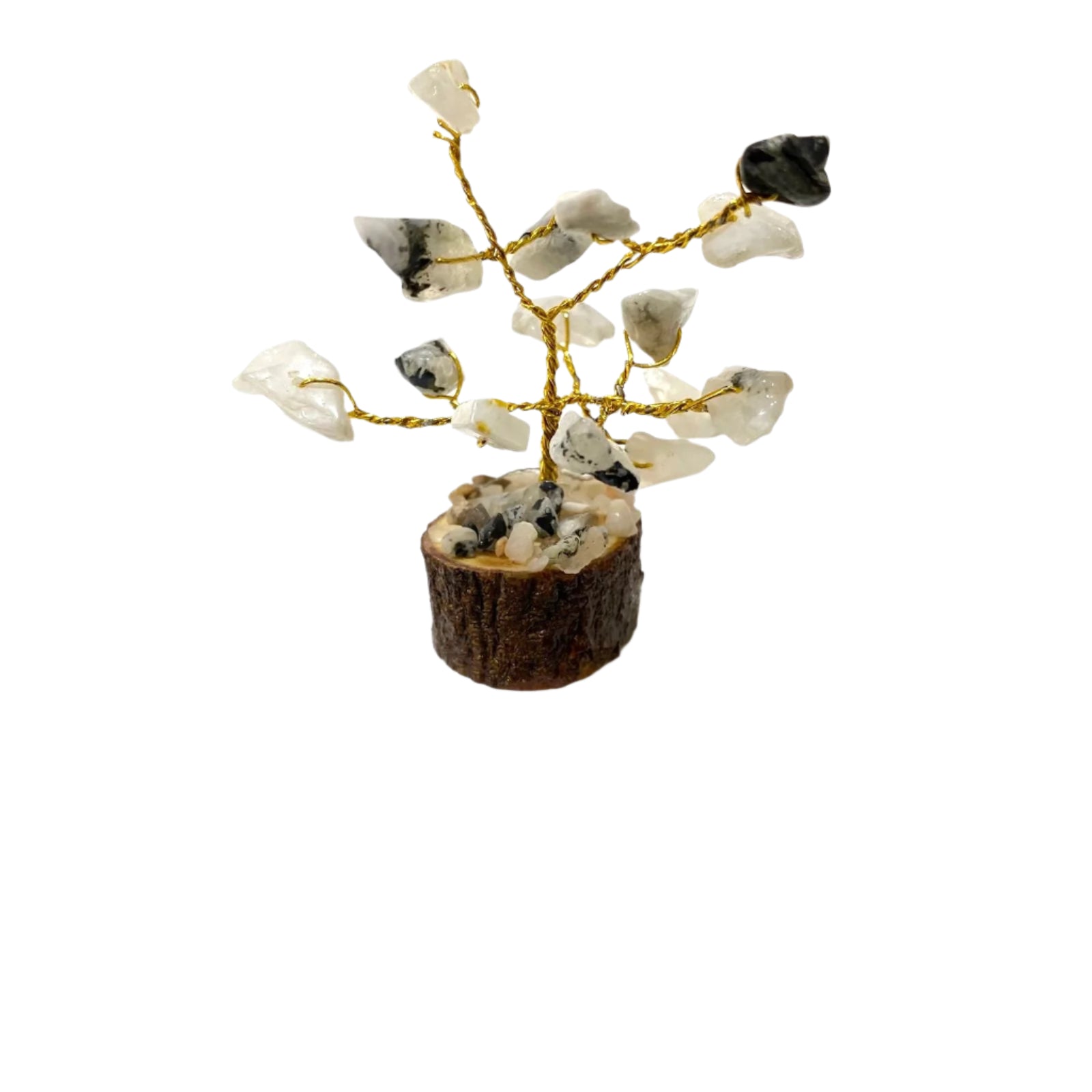 Mineral specimen on a wooden base with decorative elements on a white surface