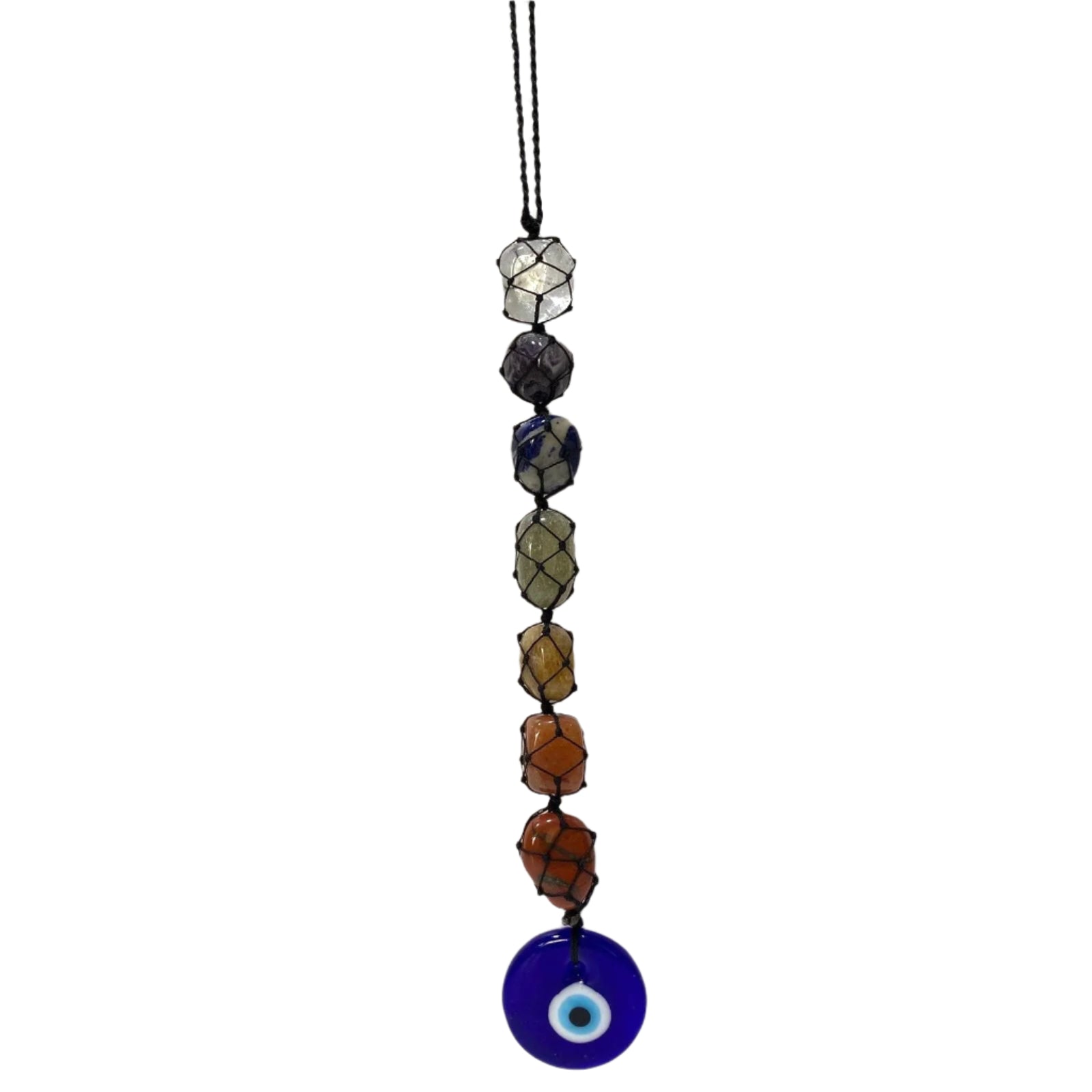 Necklace with multicolored beads and a blue evil eye pendant on a white background