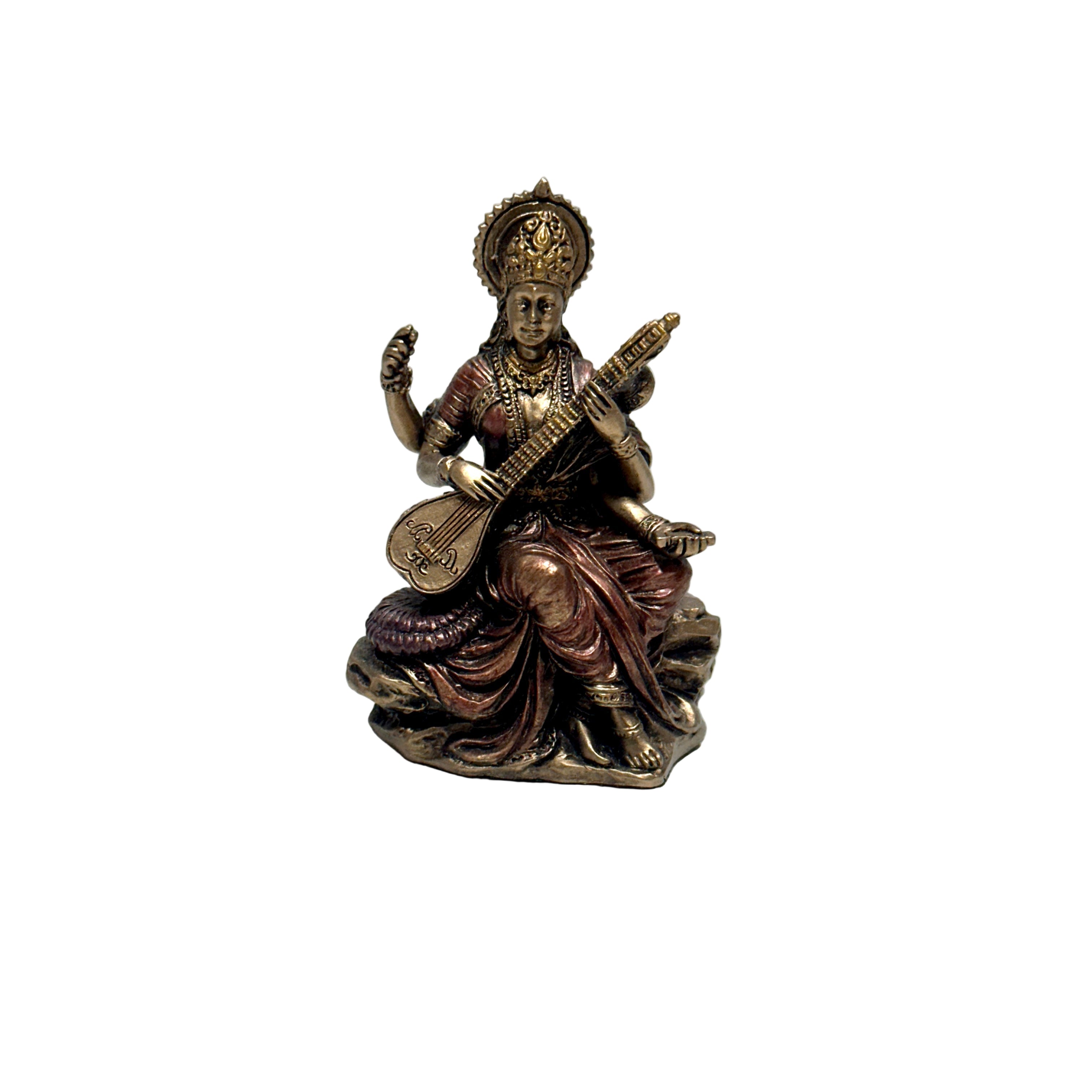 Bronze statue of a seated figure with a musical instrument on a white background