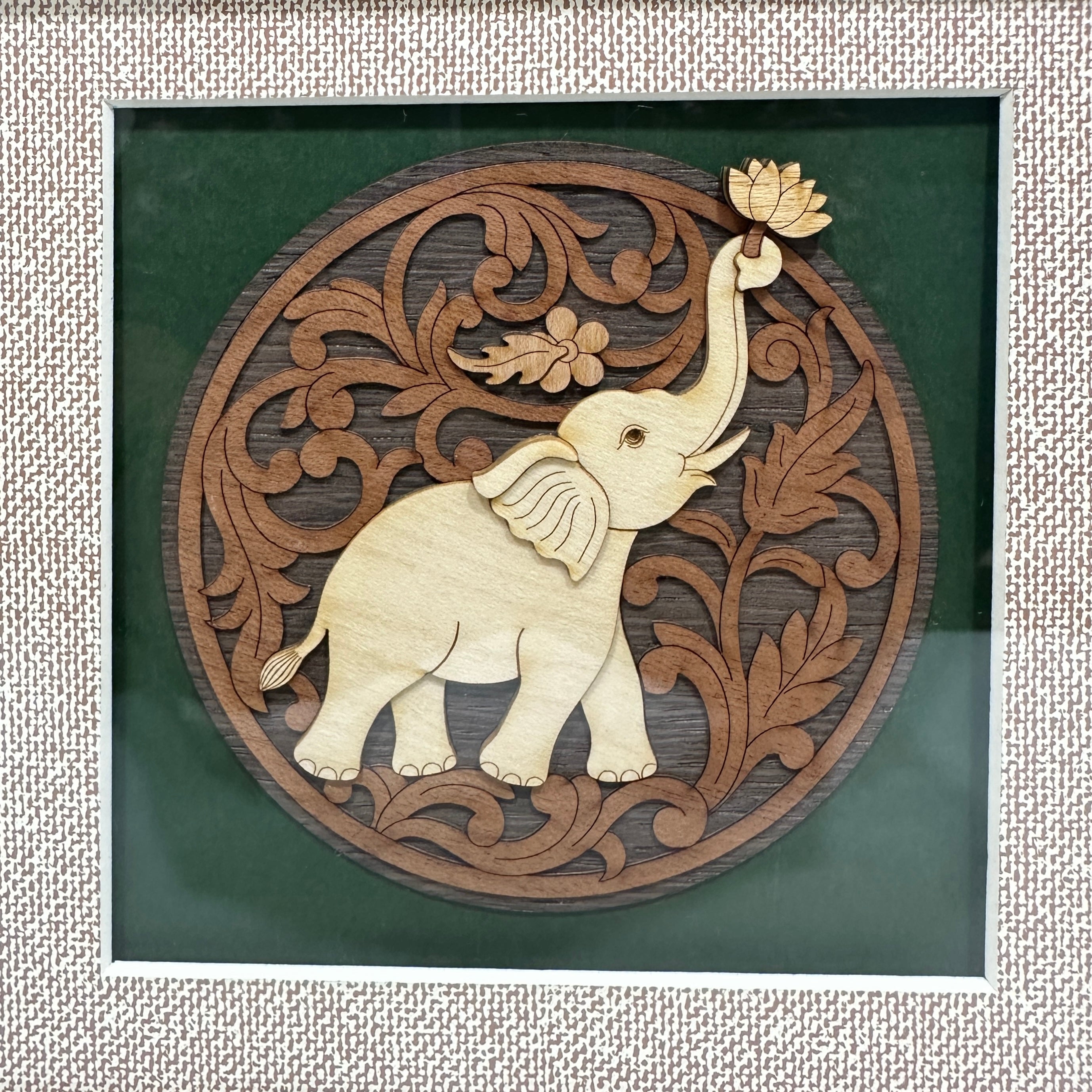 Auspicious Wooden Art Frame Elephant With Lotus For New 3D Design By Tamrapatra
