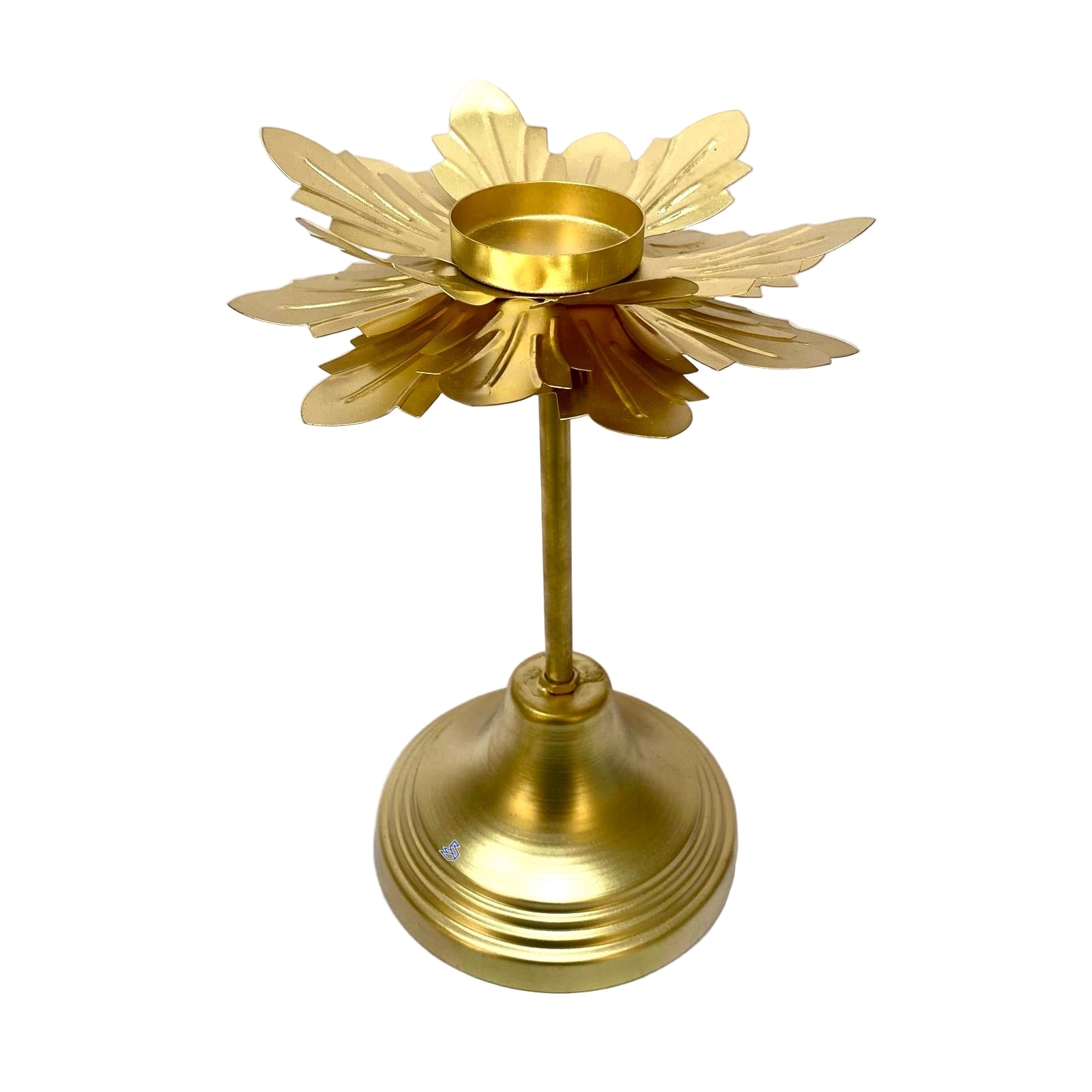 Gold candle holder with a decorative design on a white background