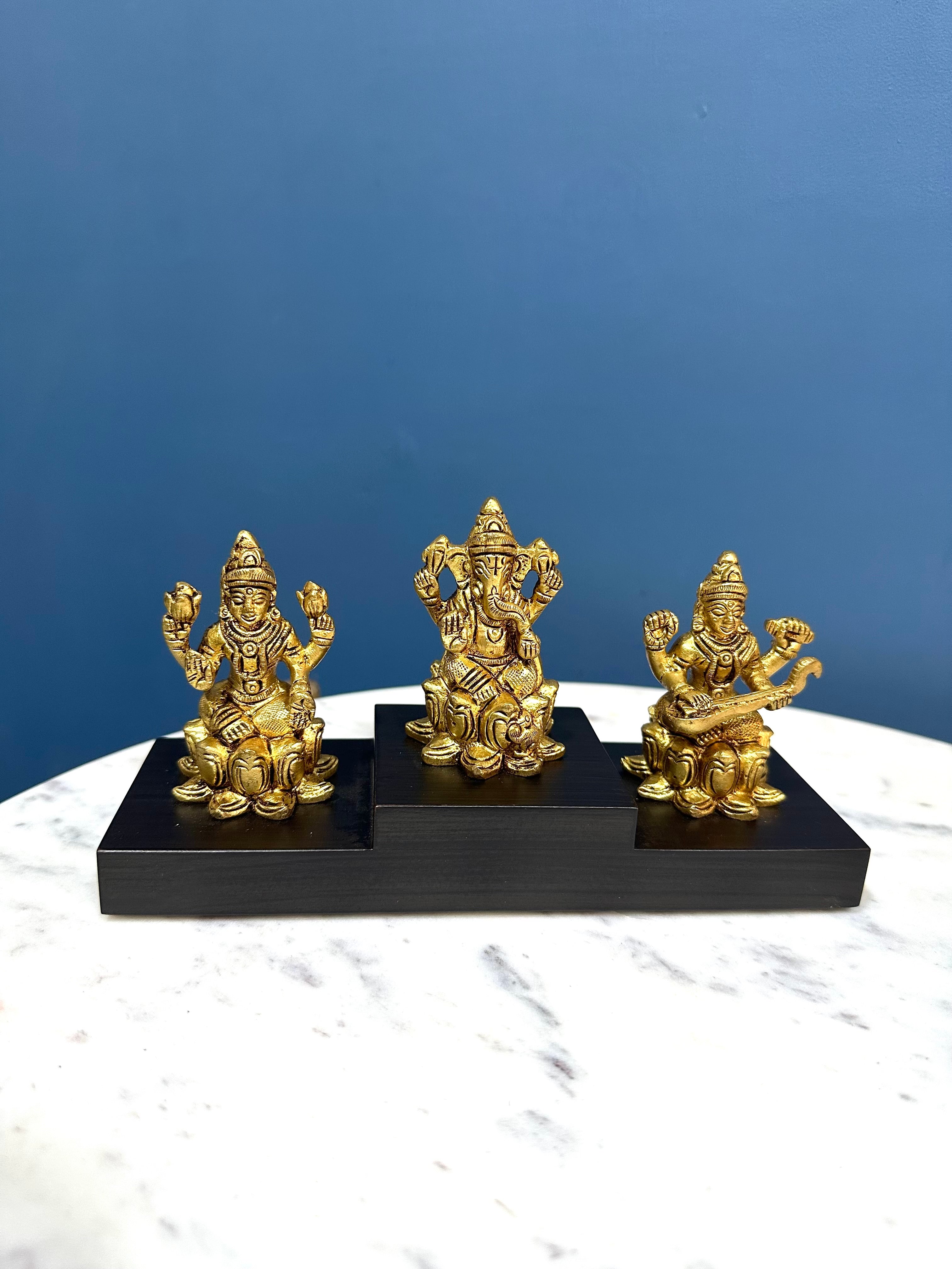 Brass Collection Lakshmi Ganesh Sarasvati On Classic Black Platform By Tamrapatra