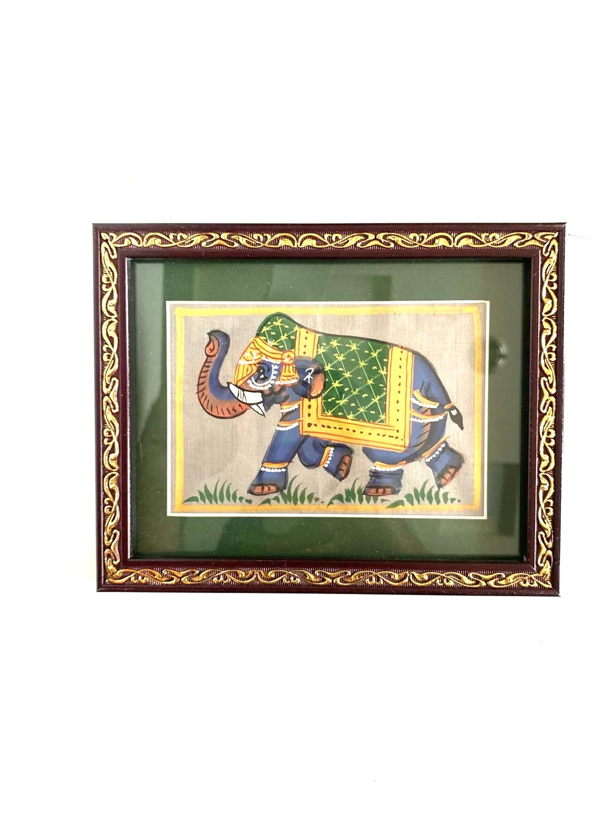 Hand Painted Elephants On Cloth Enclosed In Frame Hangings From Tamrapatra