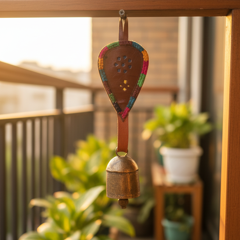 Hanging Metal Bells XL Size Decoration With Leather Stitched By Tamrapatra
