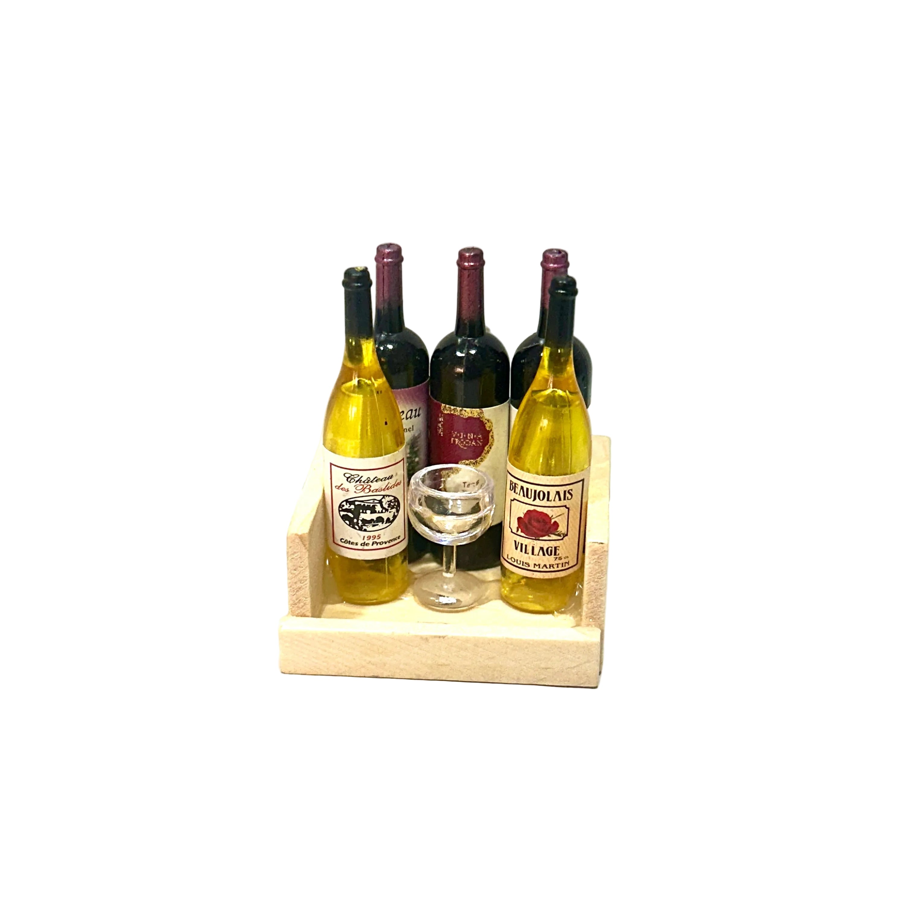 Five wine bottles on a wooden stand with a white background