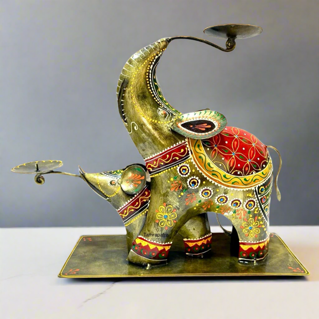 Elephant Candle Mother Child Unique Metal Art Tea Light Stand From Tamrapatra