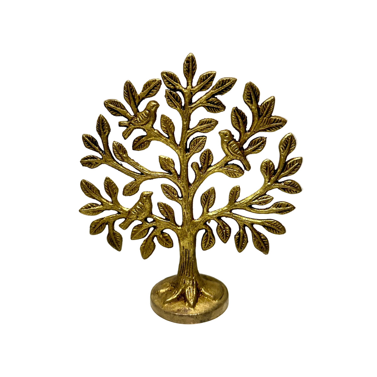 A decorative gold-toned metal tree of life sculpture with small bird figures perched on the branches, displayed on a plain white surface against a white background.