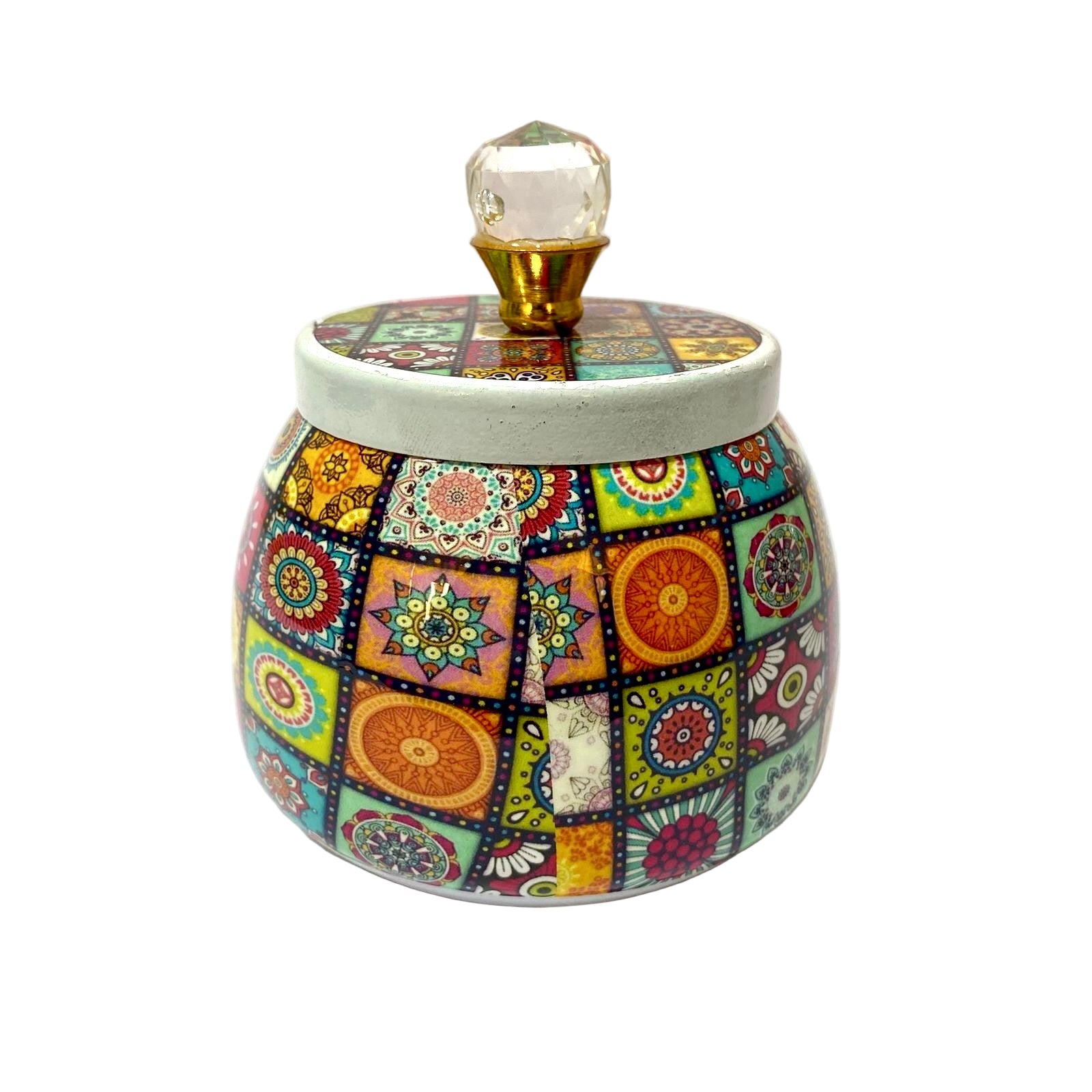 Decorative ceramic jar with colorful pattern and glass lid on a white background