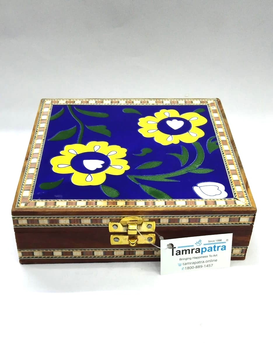 Blue Pottery Tile Wooden Box Storage Utility Jewelry New Arrival Tamrapatra