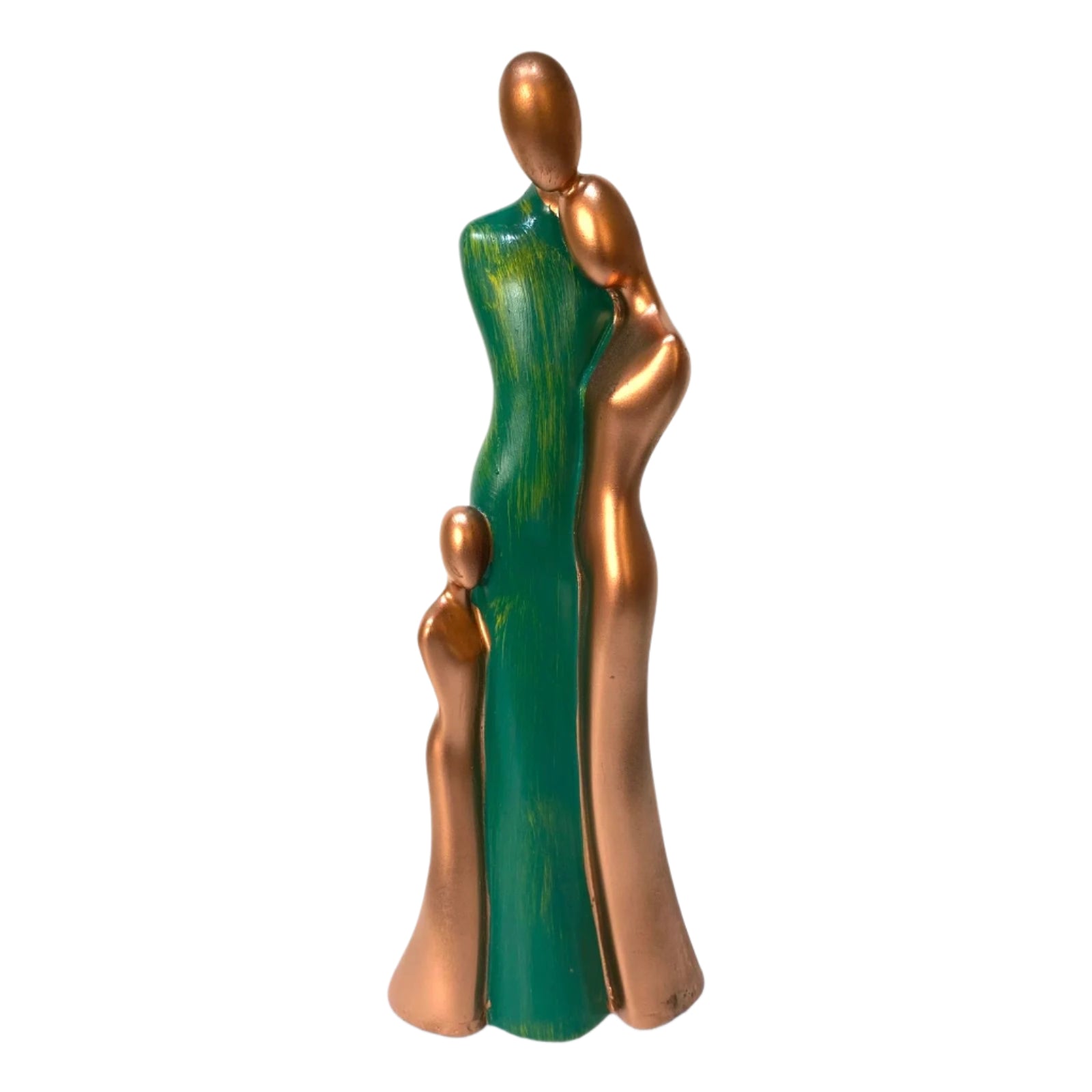 Decorative sculpture of three people in a family pose with green and bronze finish.