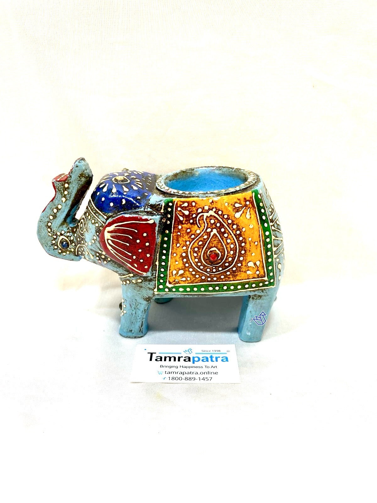 Elephant Tea Light Holder Hand Painted & Carved Wood Collection By Tamrapatra