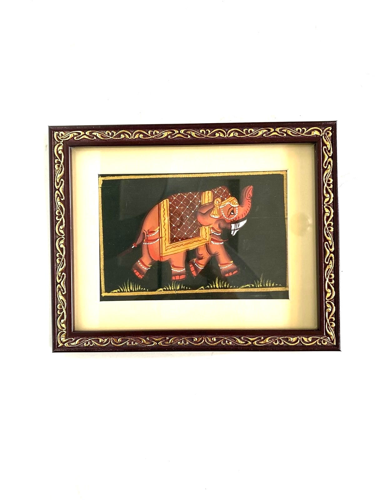 Hand Painted Elephants On Cloth Enclosed In Frame Hangings From Tamrapatra