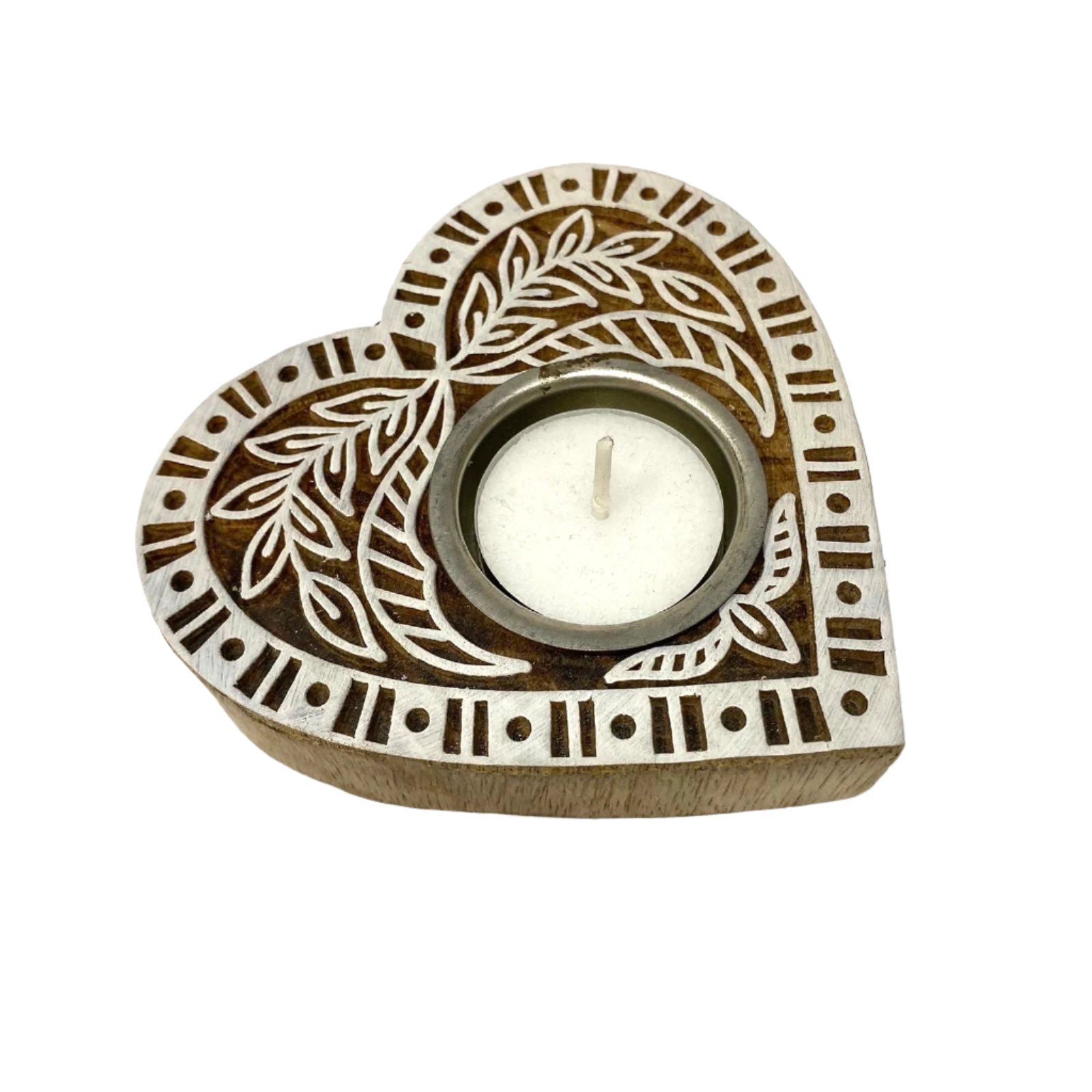 Heart-shaped wooden candle holder with intricate carvings on a white background