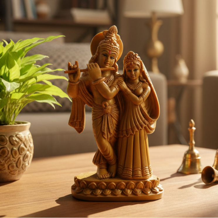 Decorative statue of a couple on a table with a plant and small bells in a living room.