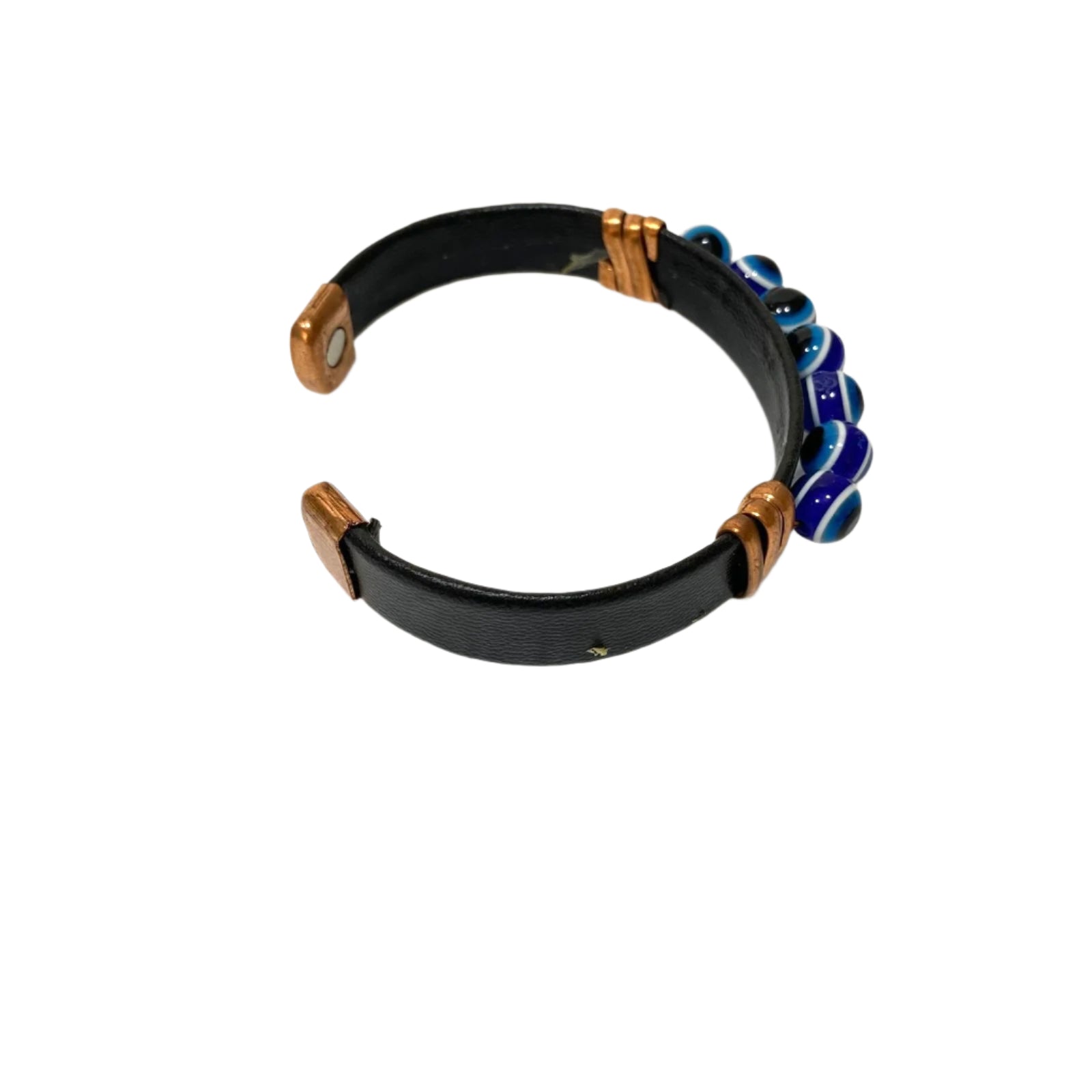 Black bracelet with blue and gold accents on a white background