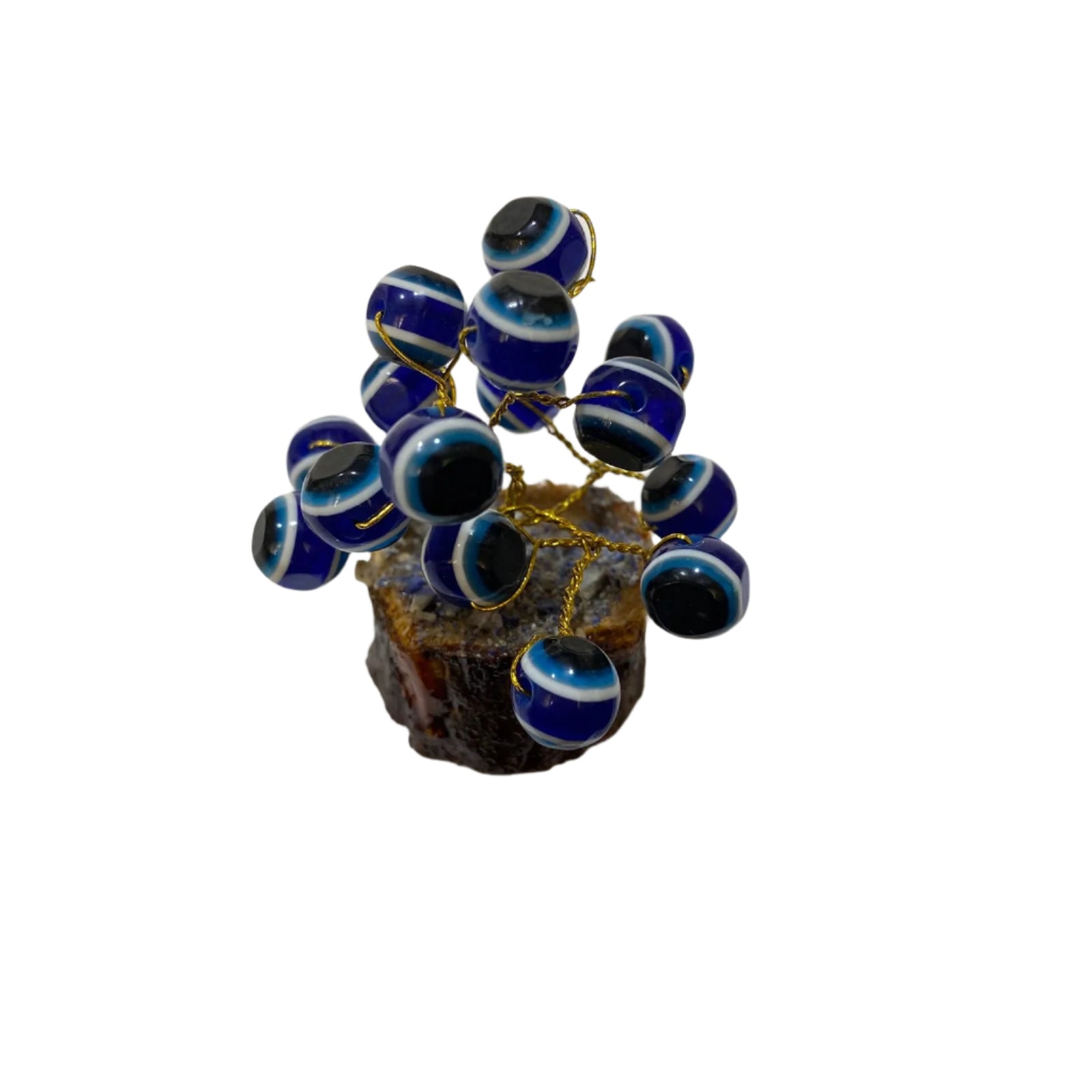 Decorative arrangement of blue and black striped balls on a white background