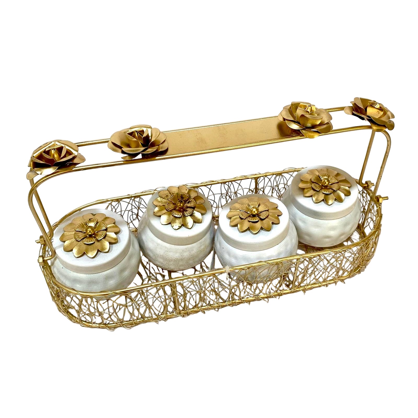 Decorative gold and white container set on a white background