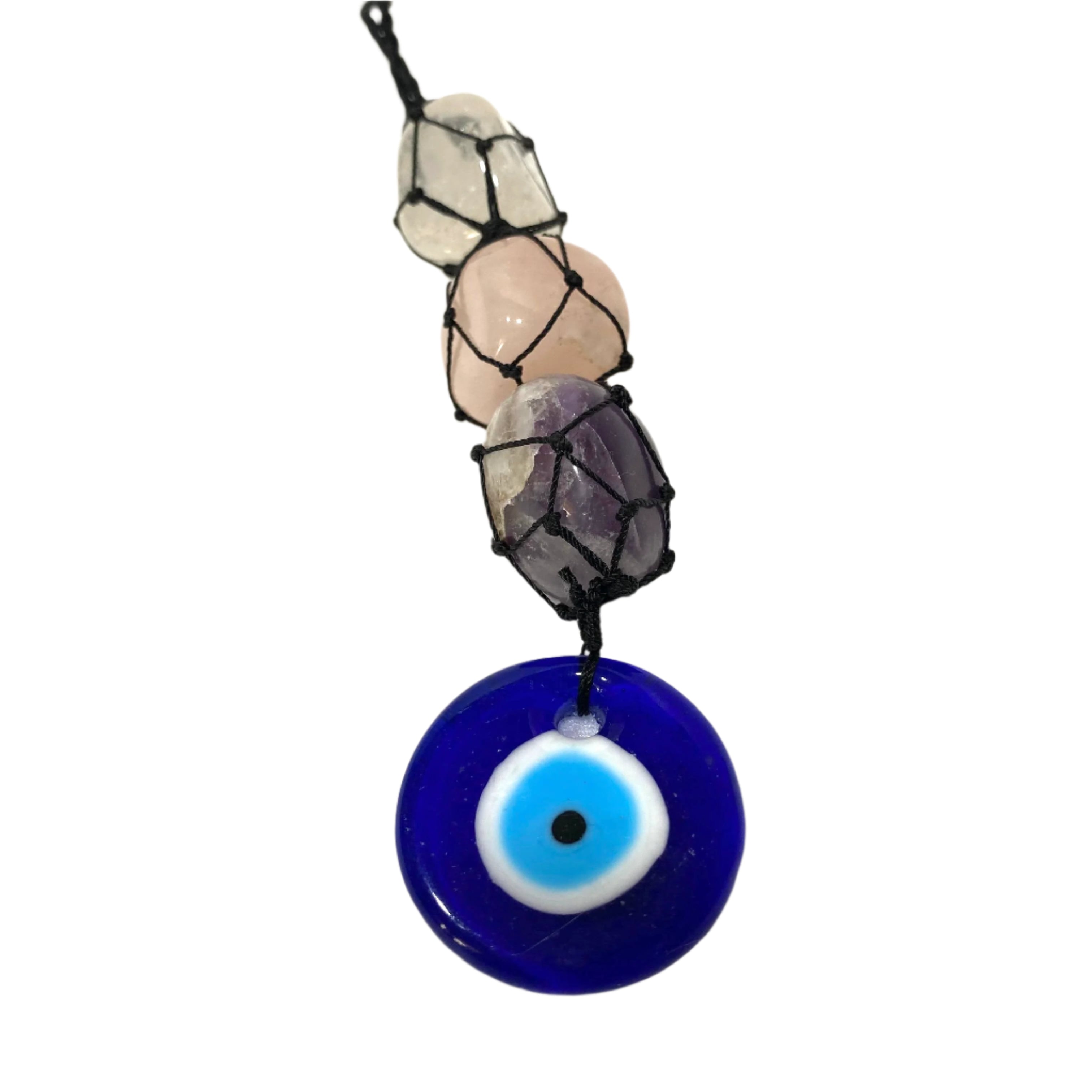 Necklace with blue evil eye pendant and stone beads on a white background