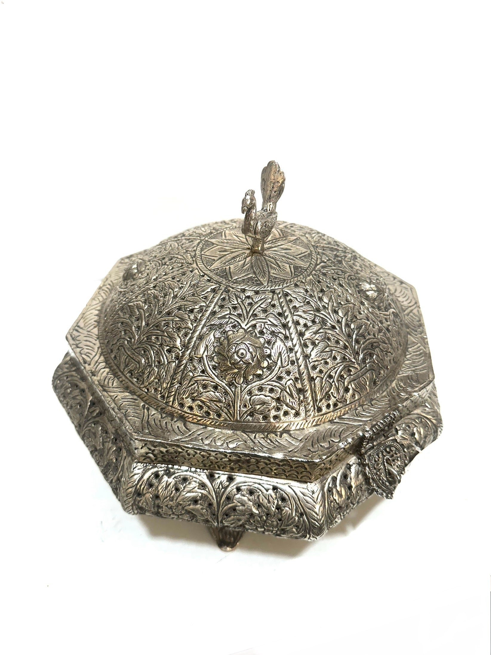 Luxury Storage Box German Silver Metal Handcrafted With Peacock Design Tamrapatra