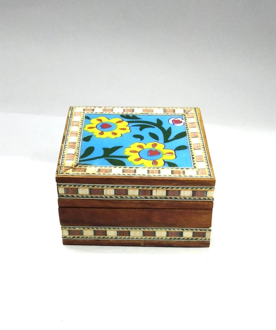 Single Blue Pottery Tile Wooden Box Storage Utility Handcrafted From Tamrapatra