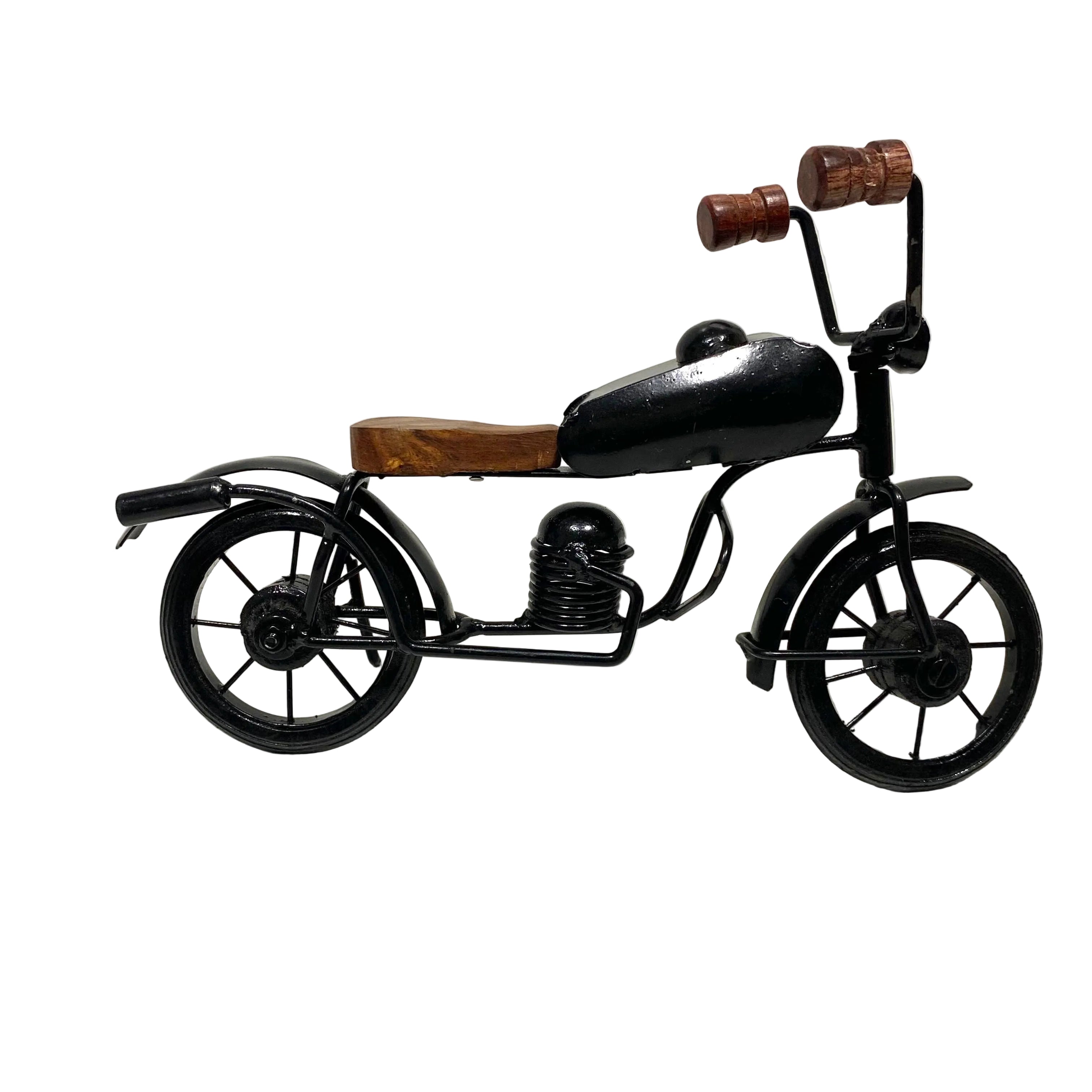 Small model tricycle with black frame and wooden accents on a white background