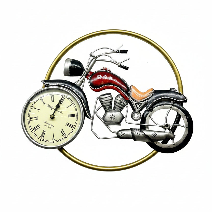 Decorative wall clock with motorcycle design on a white surface