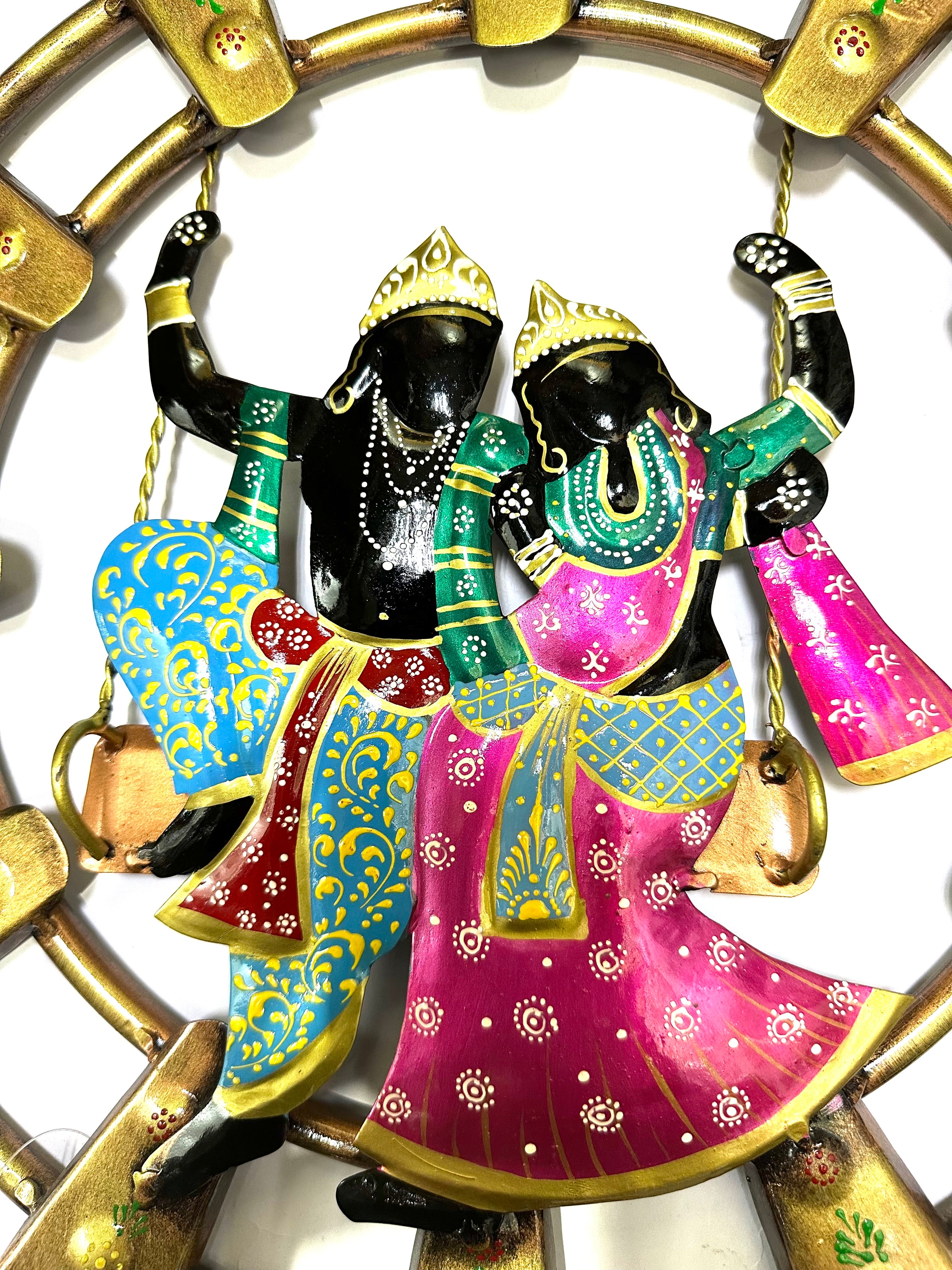 Radha Krishna Jhula Swing In Attractive Shades Round Metal Wall Art By Tamrapatra