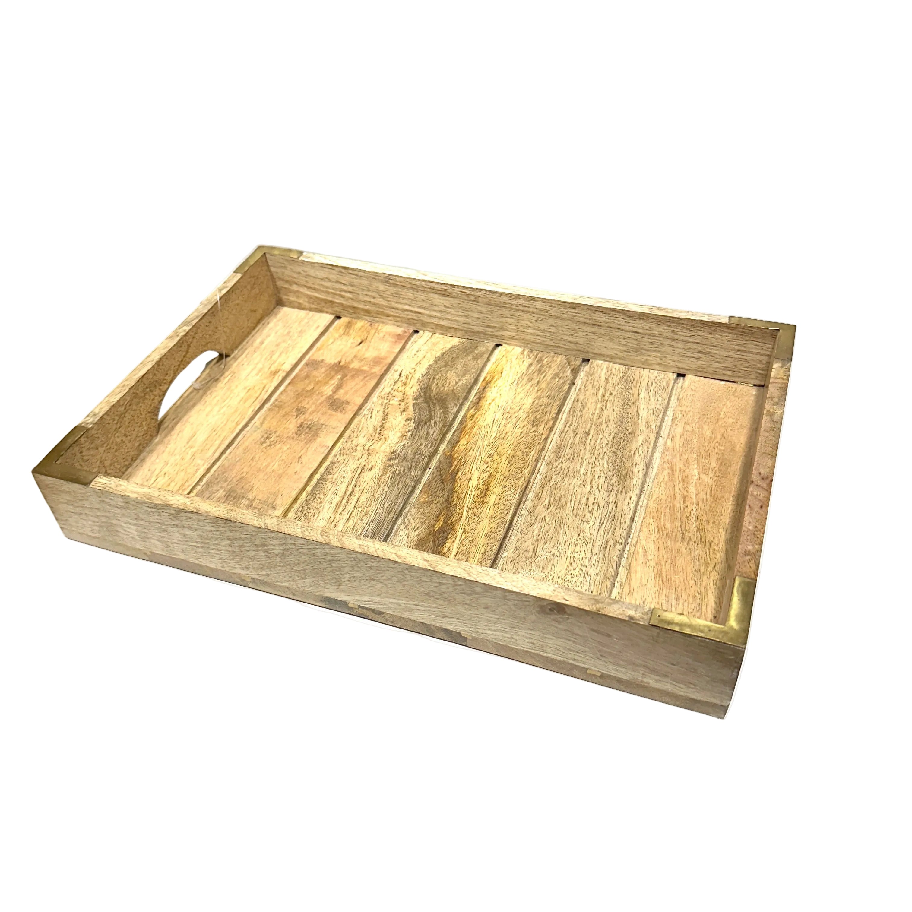A rectangular wooden serving tray with a slatted bottom and side cutouts, shown on a white table against a white wall.