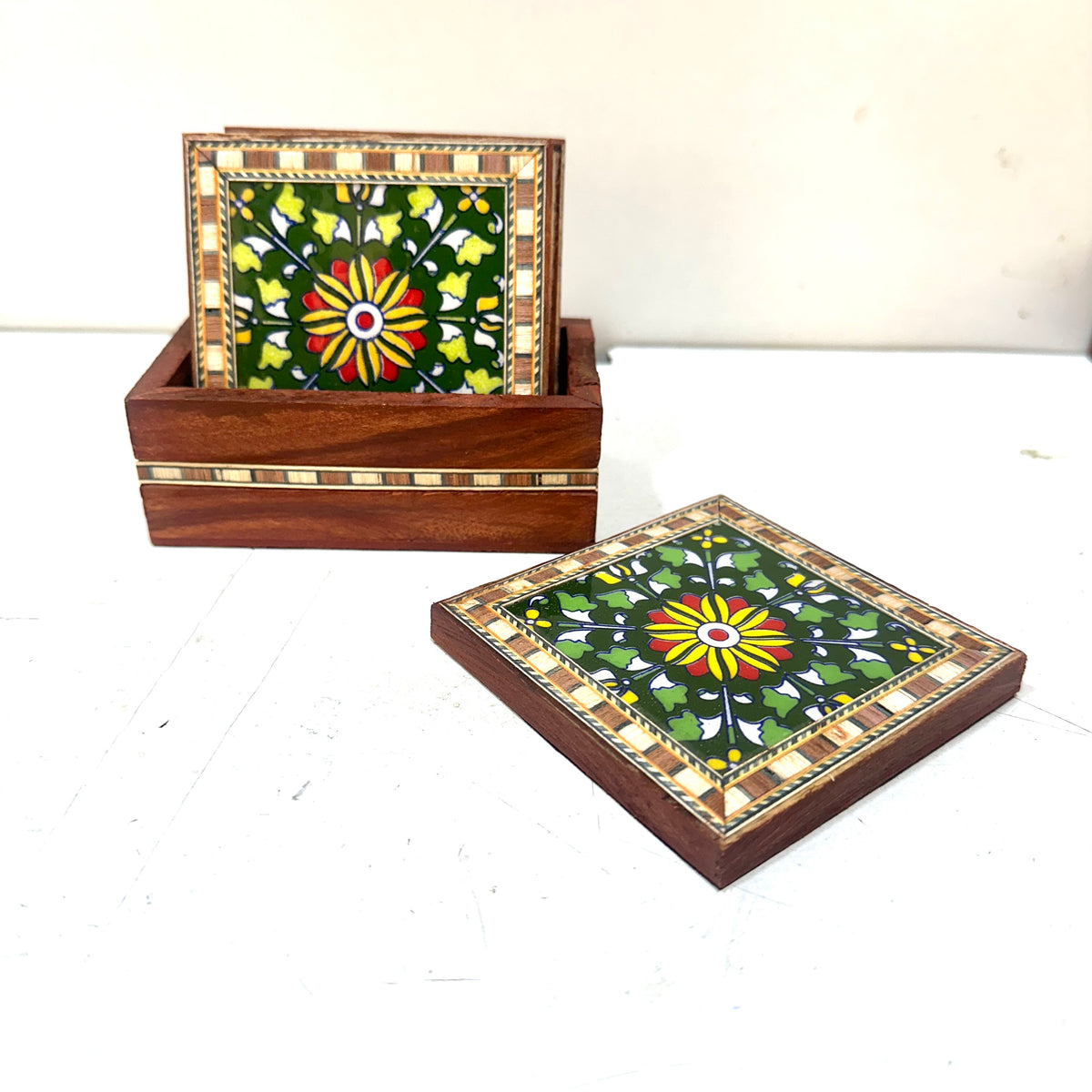 Wooden Blue Pottery 4 Tea Coasters Natural Handcrafted Utility By Tamrapatra - Tamrapatra