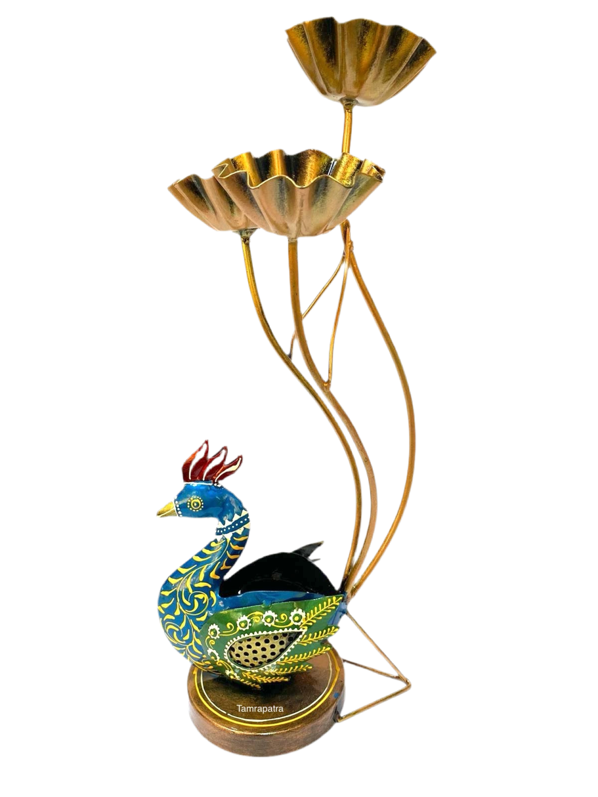 Peacock Shaped Metal Decorative Artefact With 3/4 Candle Holder Tamrapatra