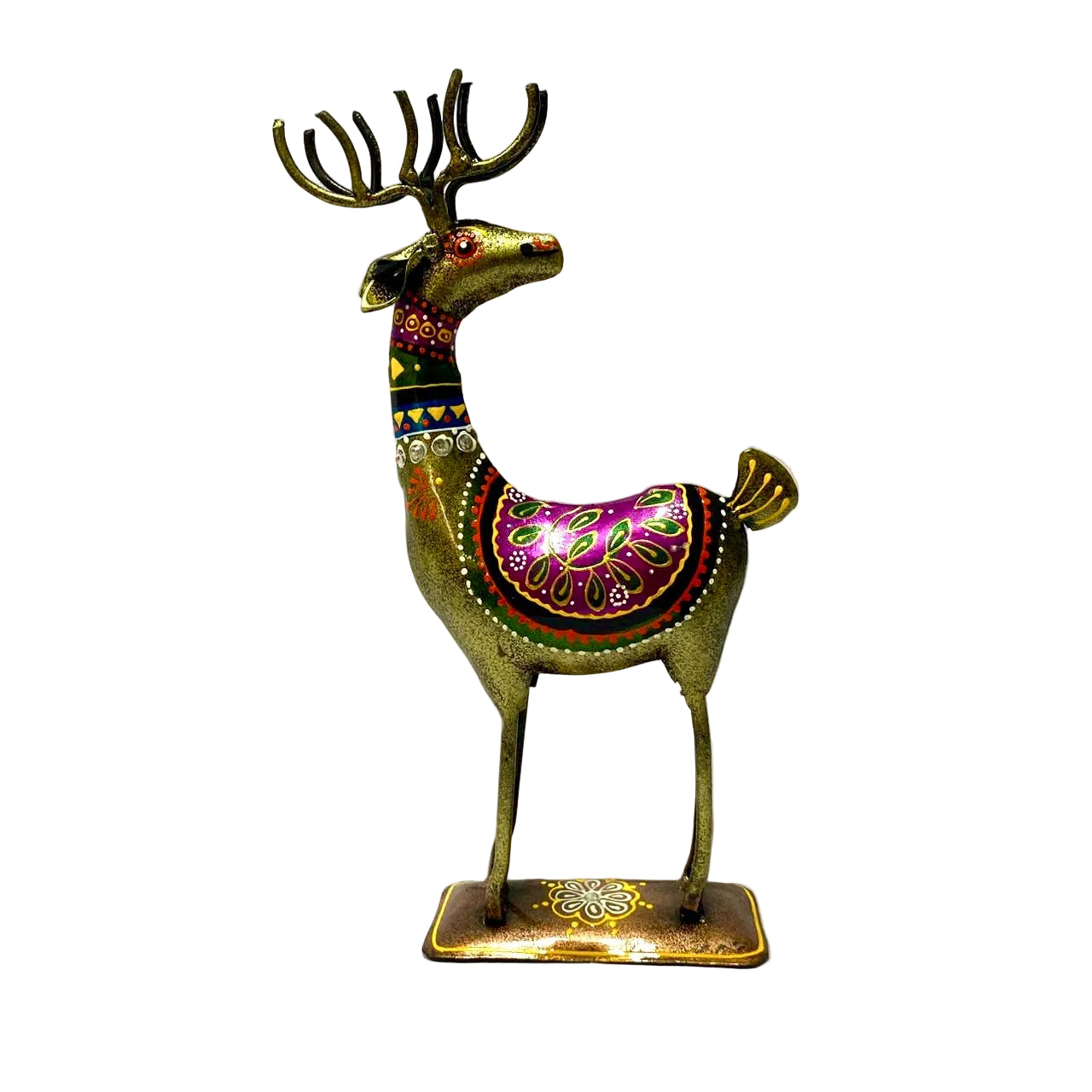 Decorative deer figurine with colorful patterns on a white background
