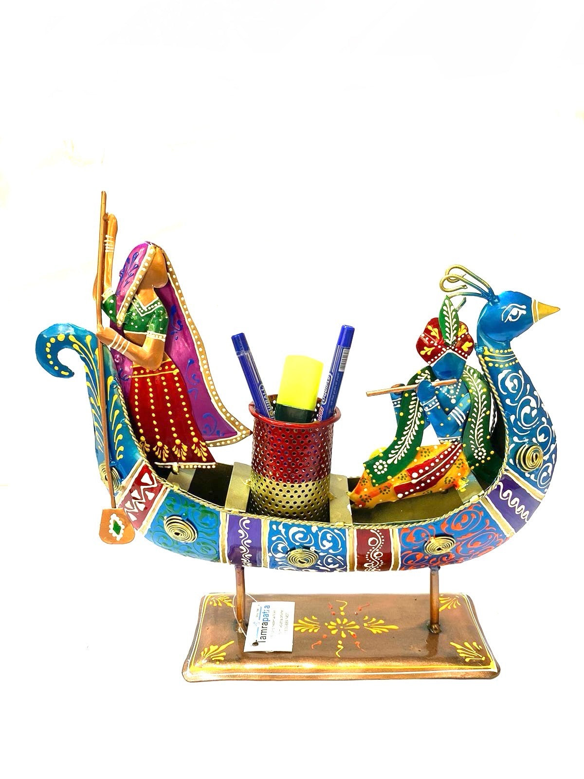 Innovative Boat Metal Radha Krishna Stand Multi Purpose Holder Tamrapatra