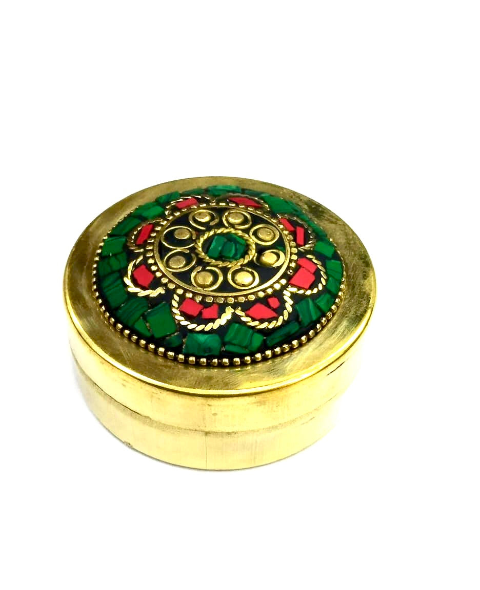 Brass Gemstone Art Dibbi For Storage Of Jewelry Gifting Handcrafted Tamrapatra