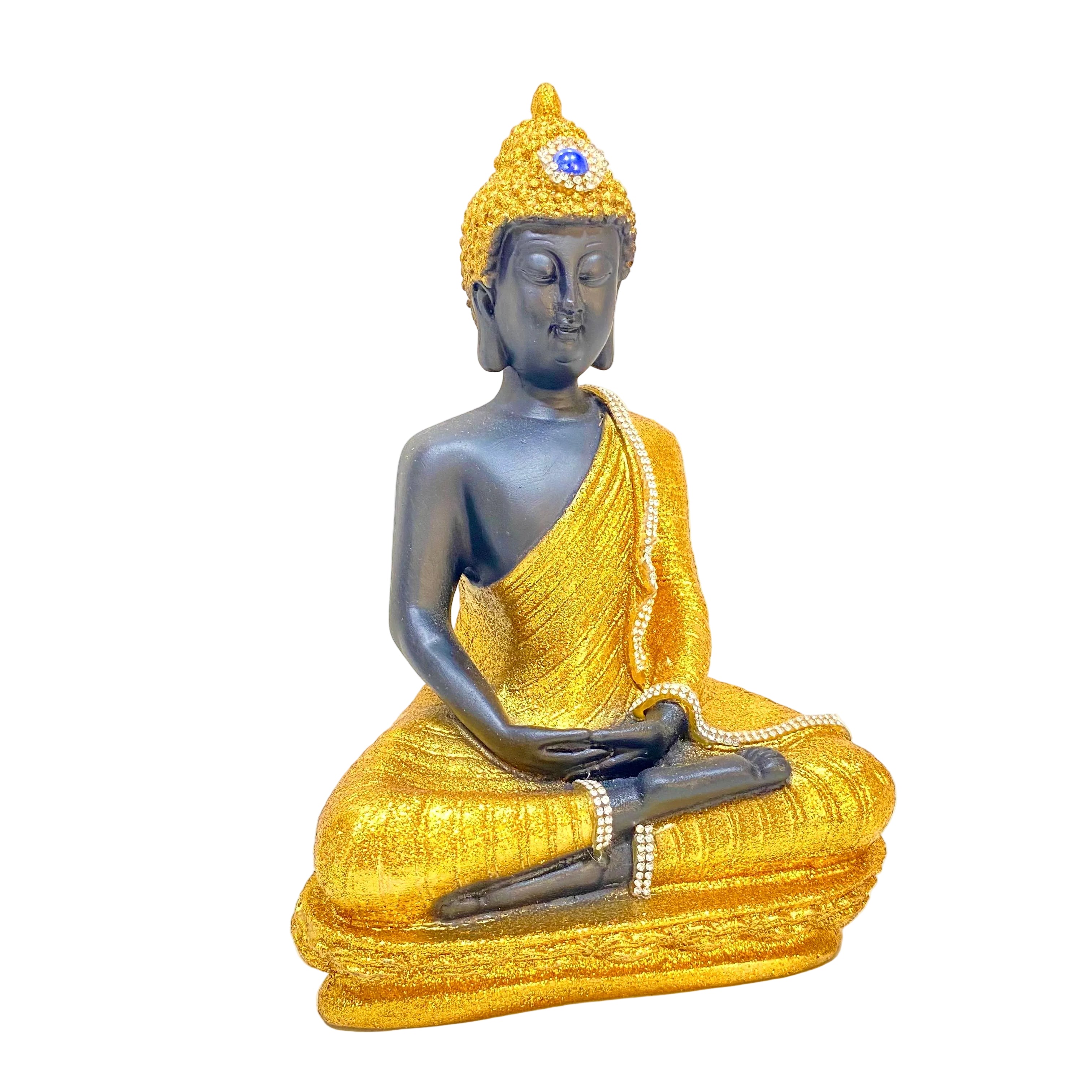 Statue of a seated figure in gold and gray robes on a white surface.