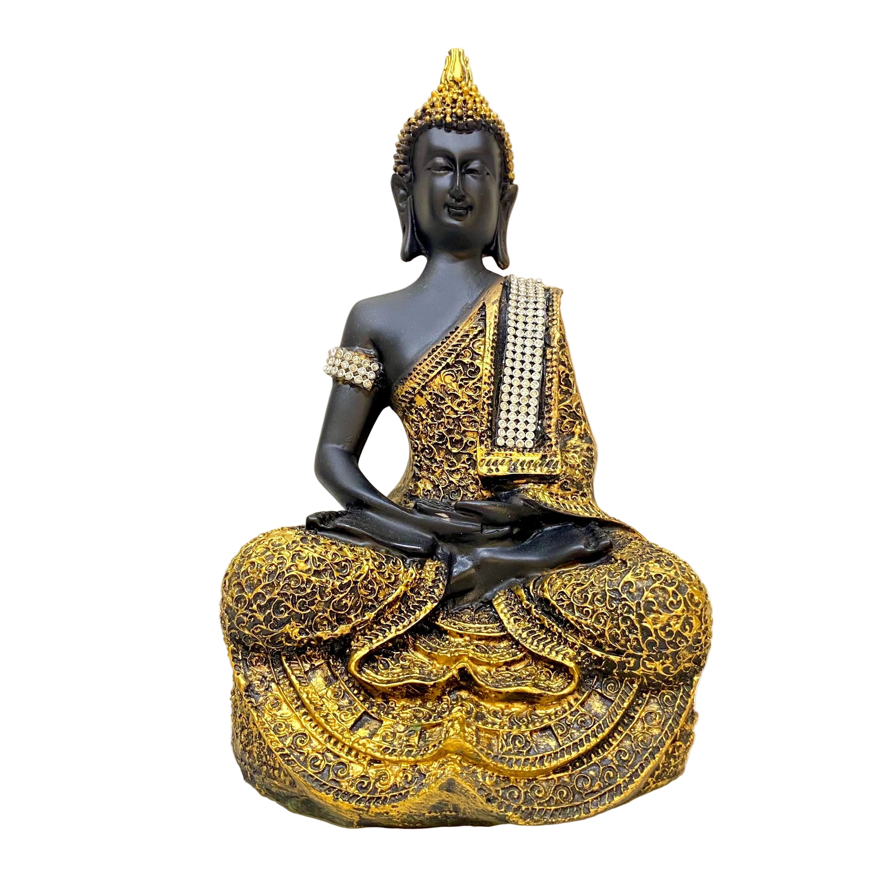 Decorative Buddha statue with black and gold colors on a white background