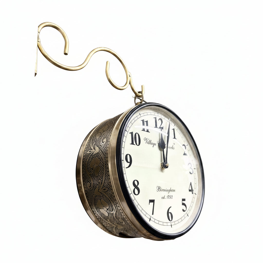 Decorative wall clock with intricate design in a room with plants and framed pictures.