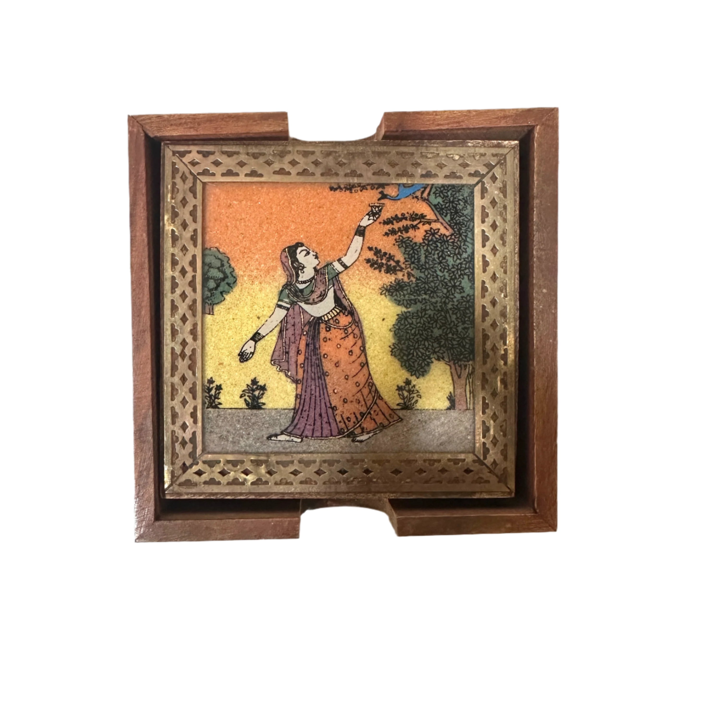 Small framed artwork of a woman in a traditional dress against a tree on a white background