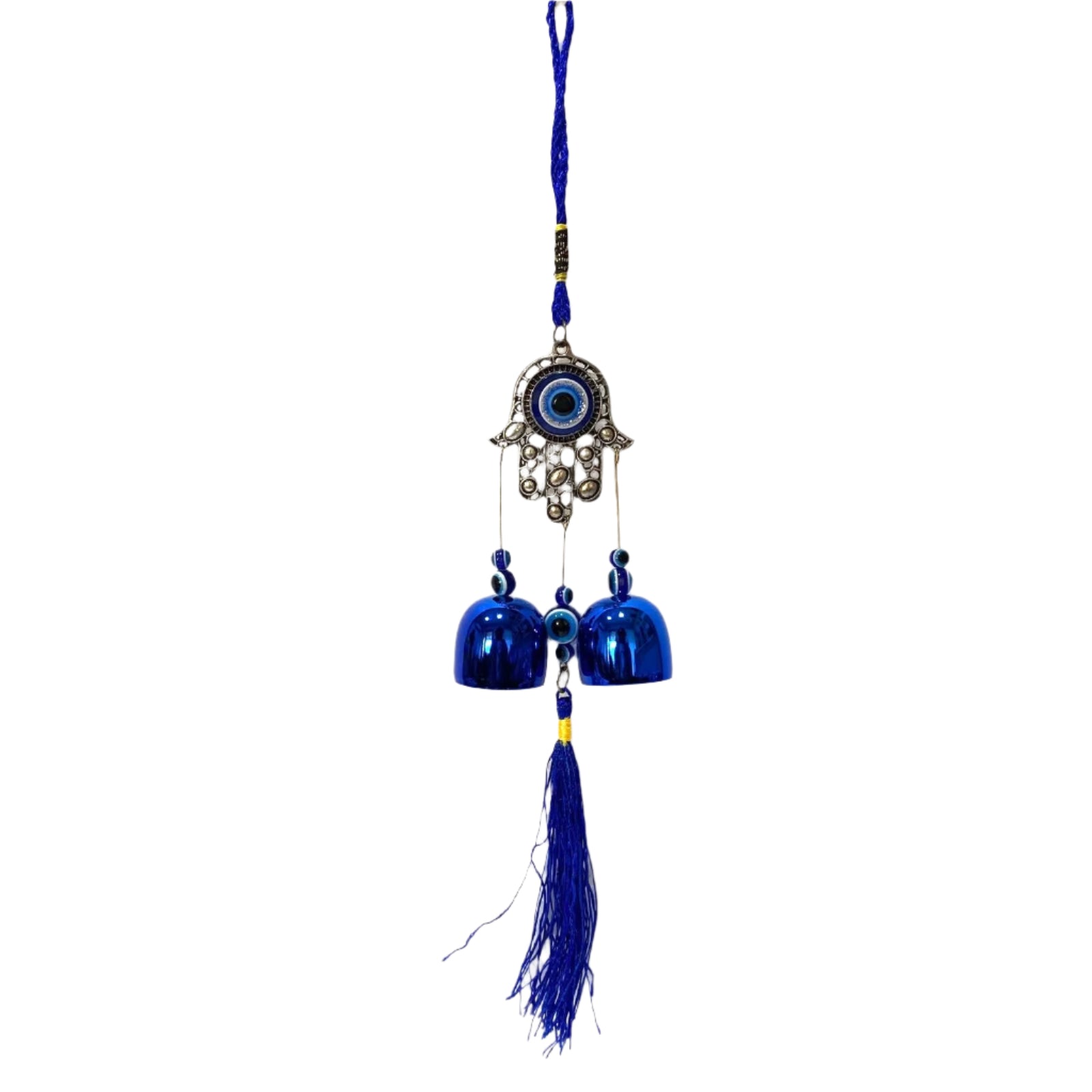Decorative hanging charm with blue bells and tassel on a white background
