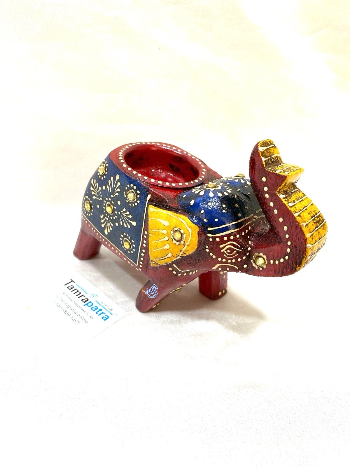 Elephant Tea Light Holder Hand Painted & Carved Wood Collection By Tamrapatra