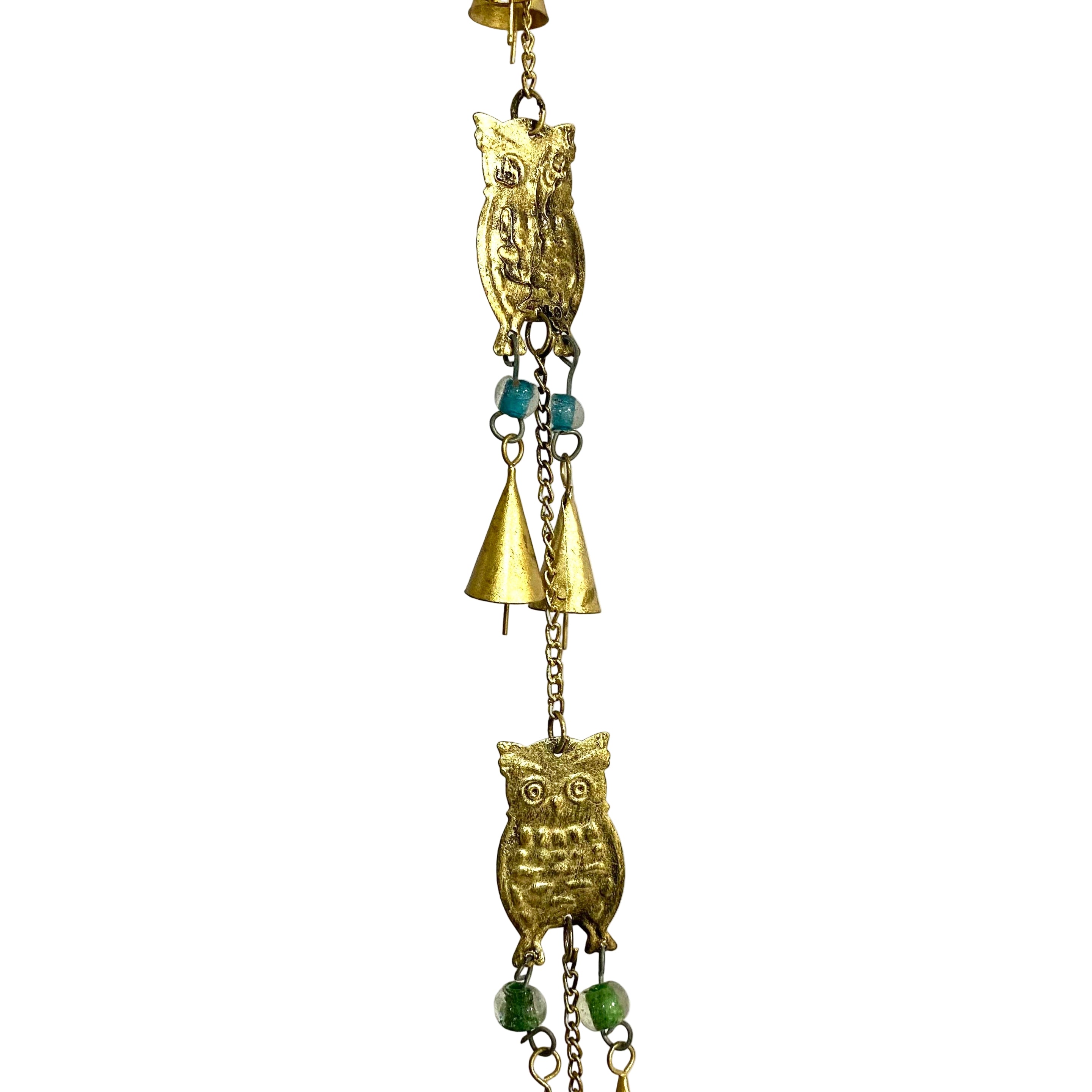 Decorative hanging with owl and bell designs on a white background