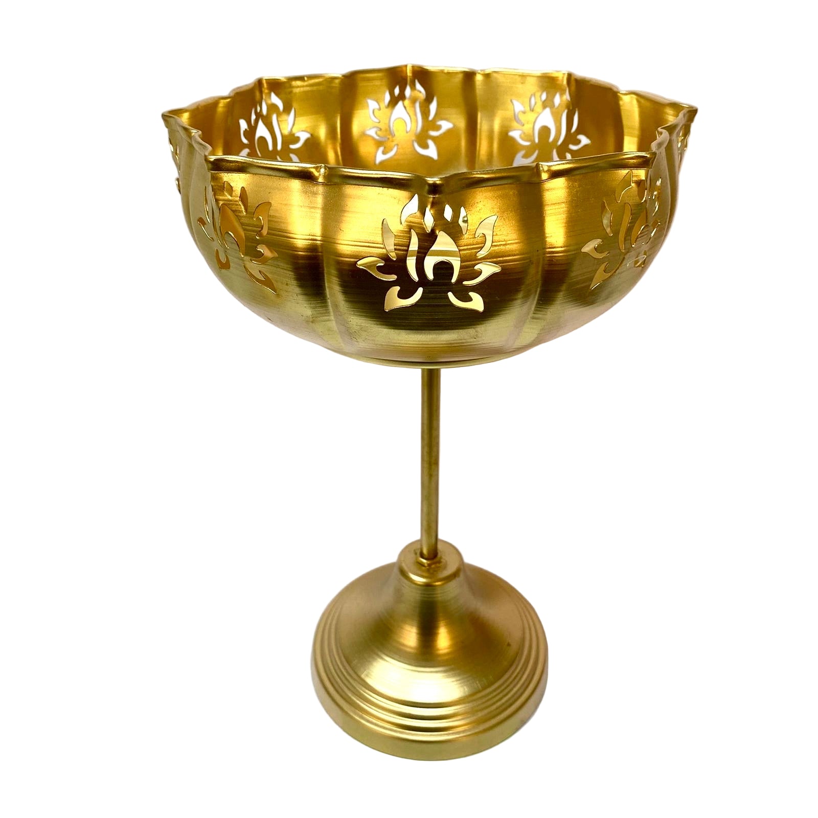 Gold-colored decorative bowl with floral patterns on a white background