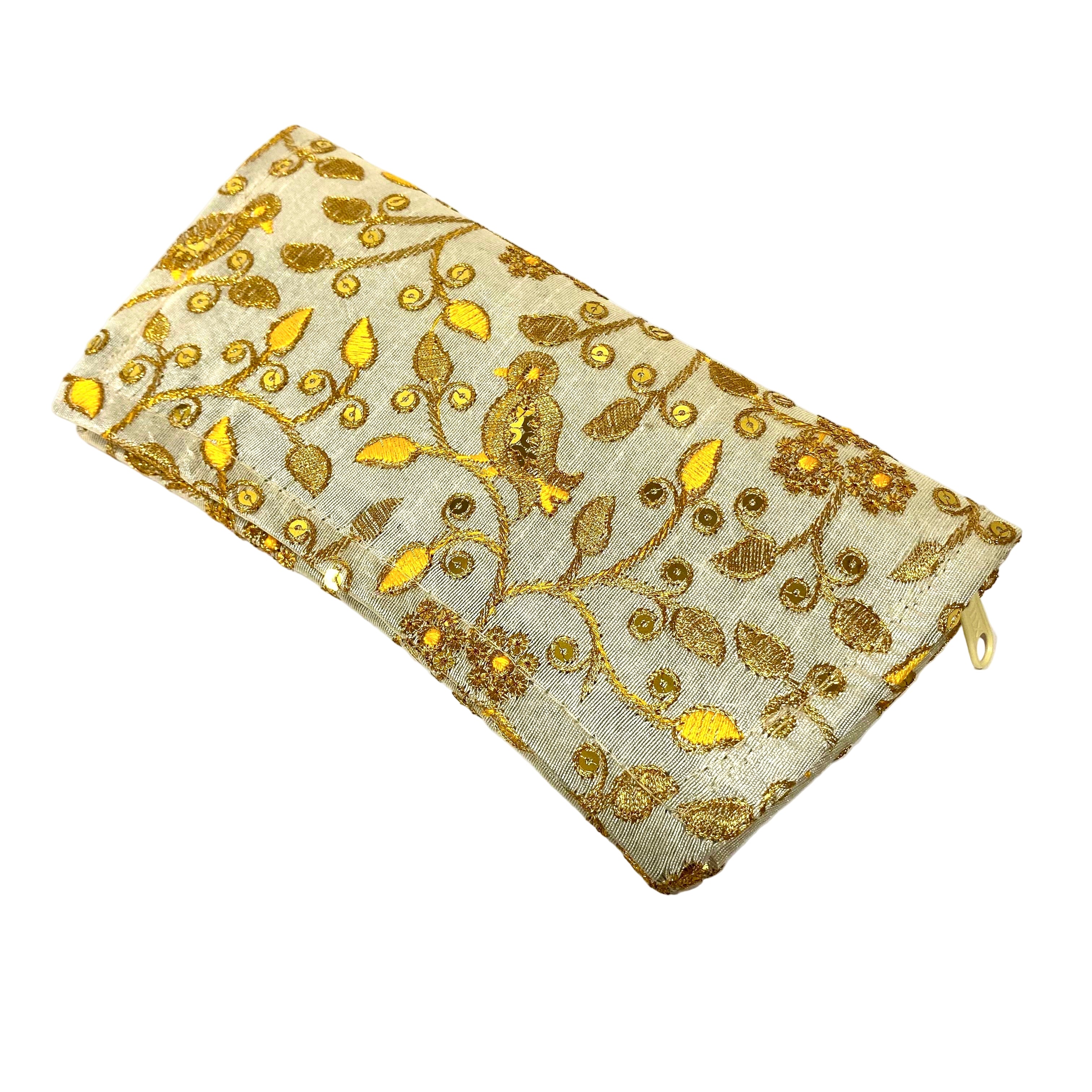 Embroidered clutch bag with gold floral patterns on a white background